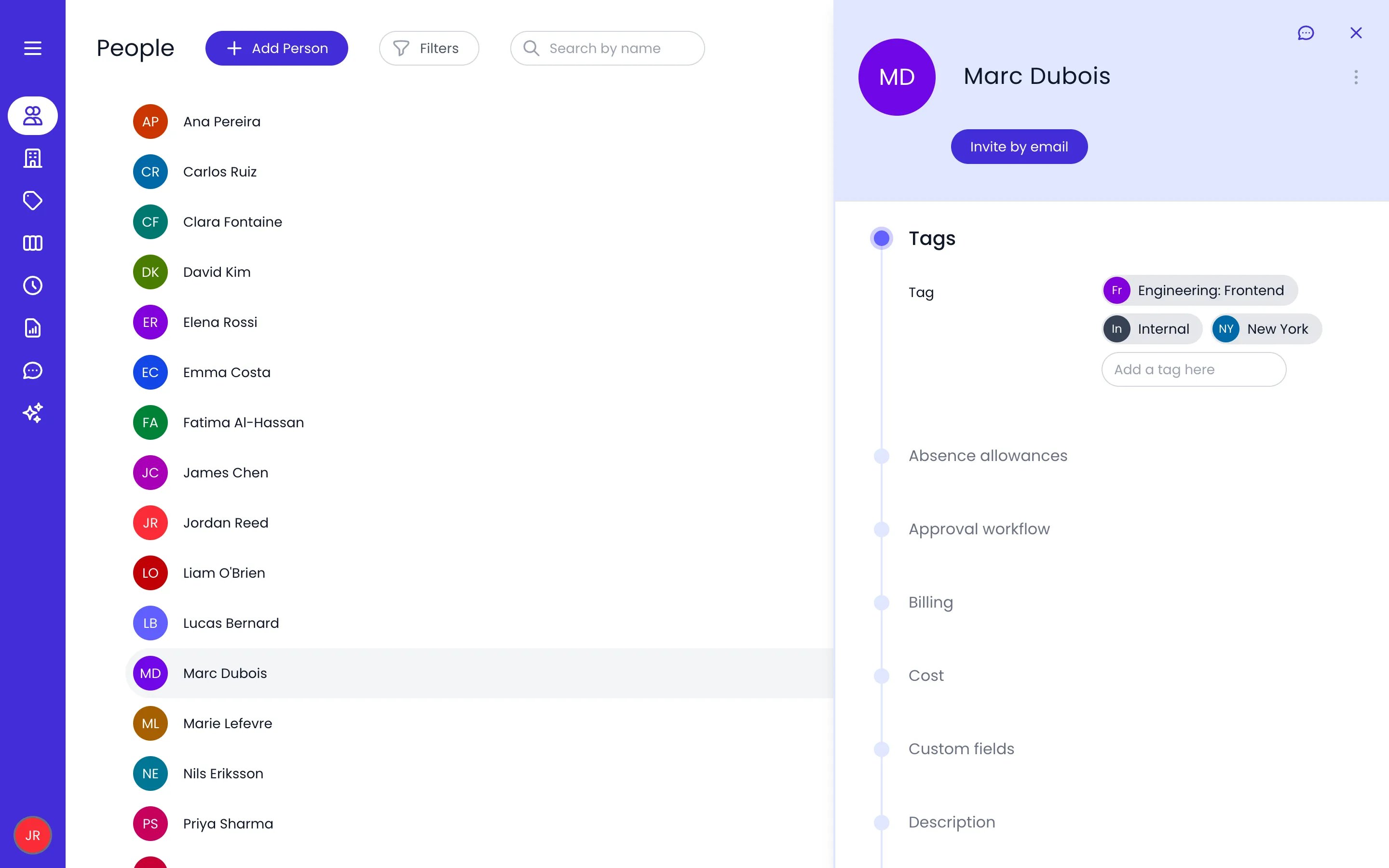 Beebole People list with Marc Dubois selected and his profile open on the right, showing the Invite by email button and the Tags panel