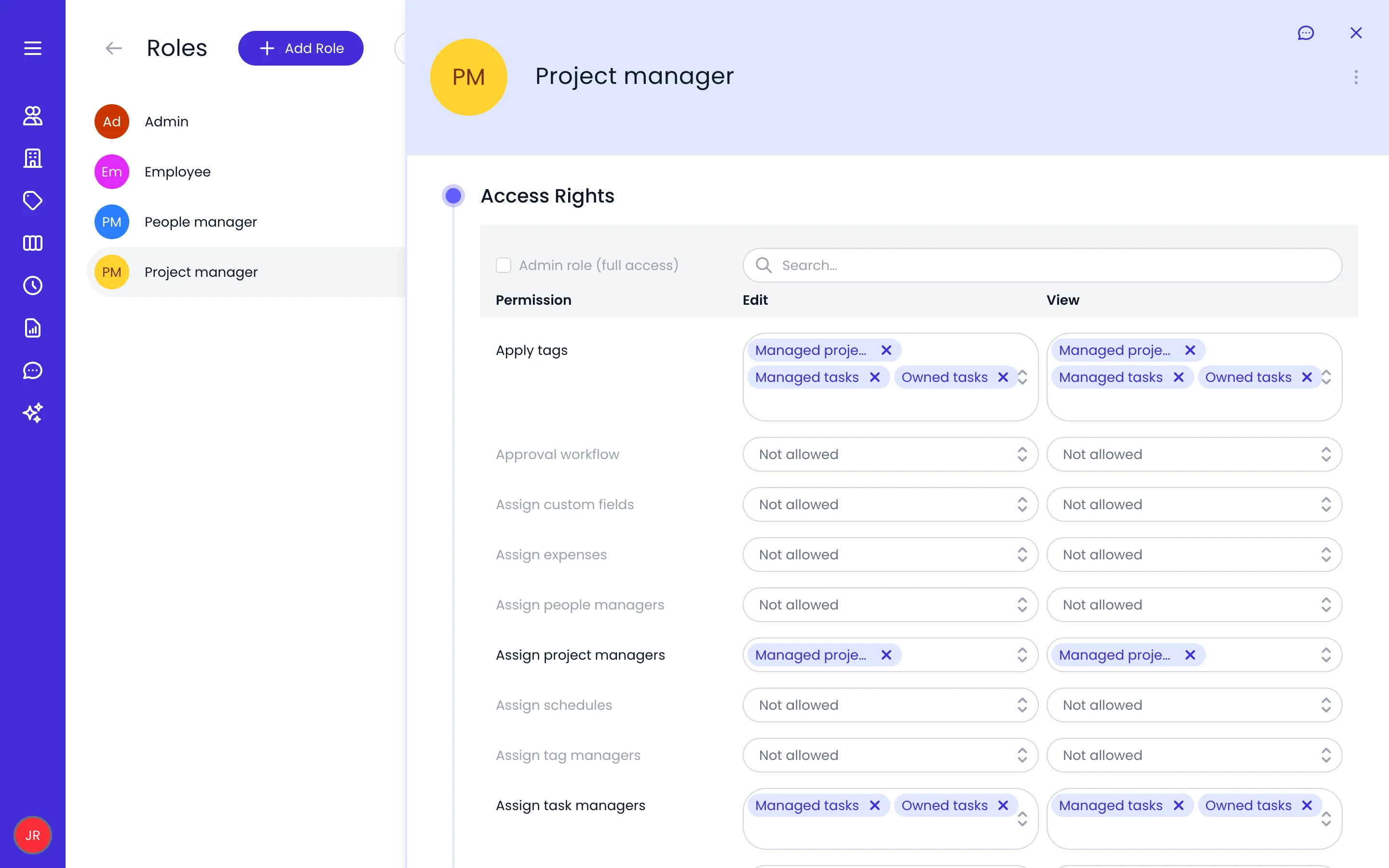 Beebole Person Roles screen with the Project manager role open, showing the Admin role (full access) checkbox, the Search field, and permissions such as Apply tags and Assign project managers with Managed projects and Owned tasks targets under Edit and View, and Not allowed on others