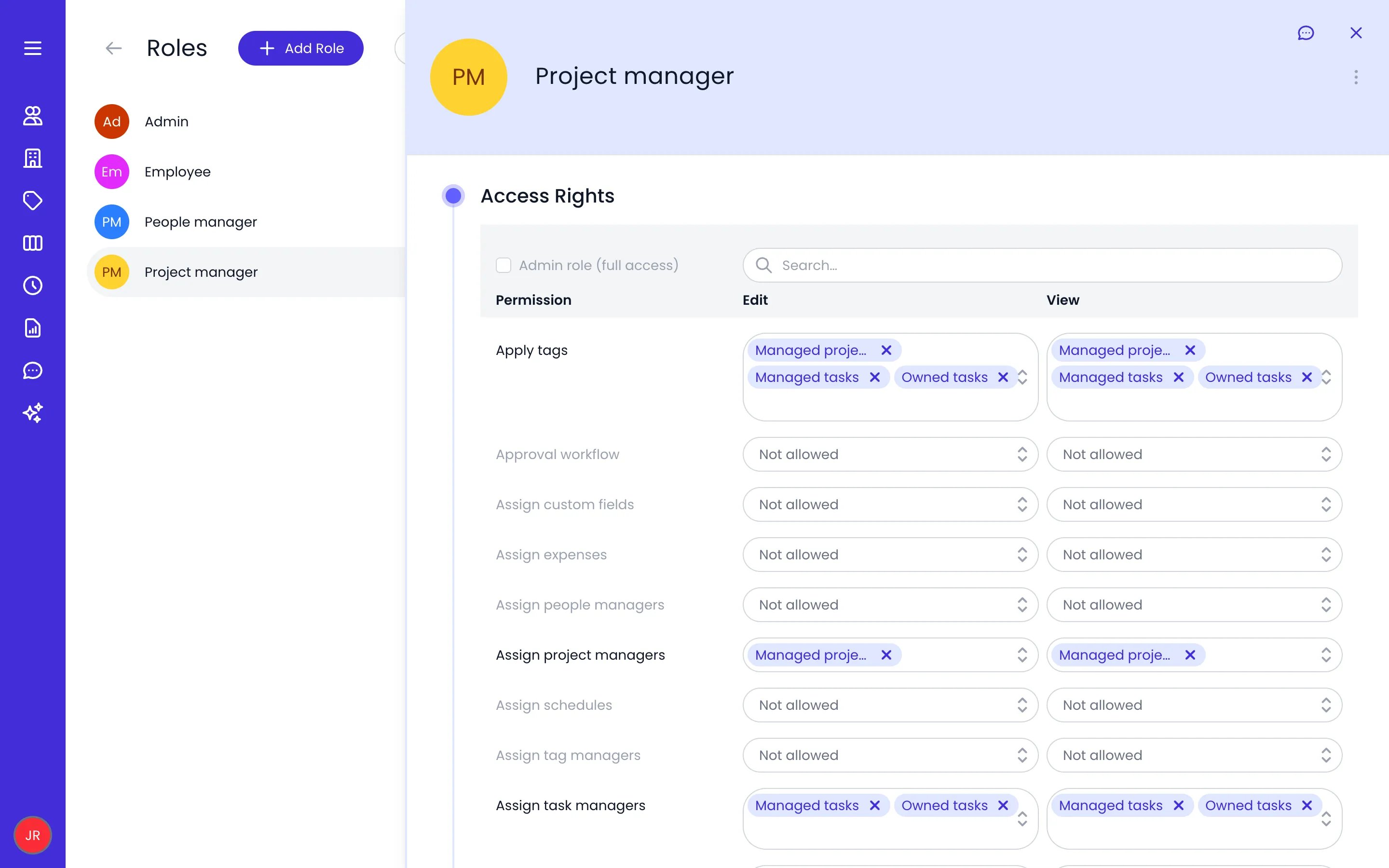 Beebole Person Roles screen with the Project manager role open, showing the Admin role (full access) checkbox, the Search field, and permissions such as Apply tags and Assign project managers with Managed projects and Owned tasks targets under Edit and View, and Not allowed on others