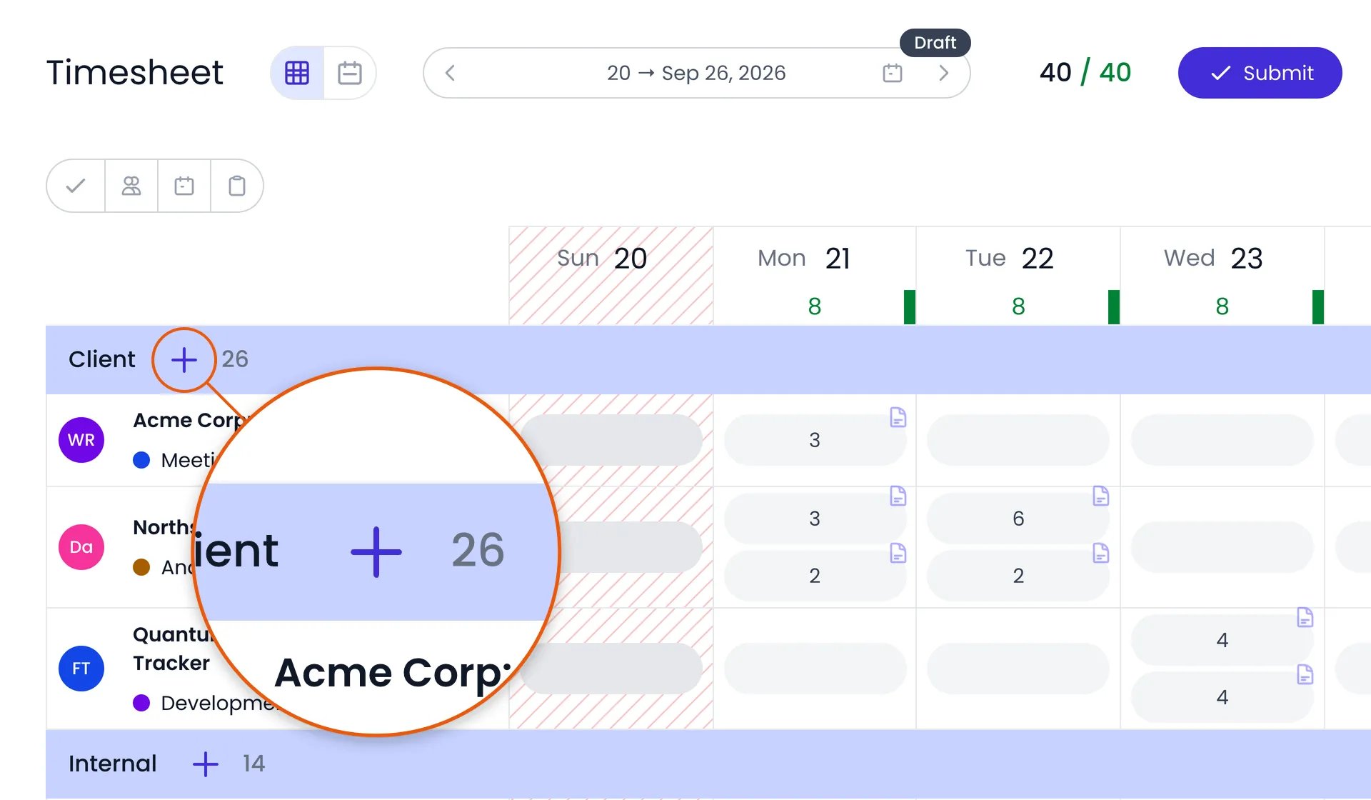 Beebole weekly timesheet with a magnified view of the plus button next to the Client section name, which adds a row