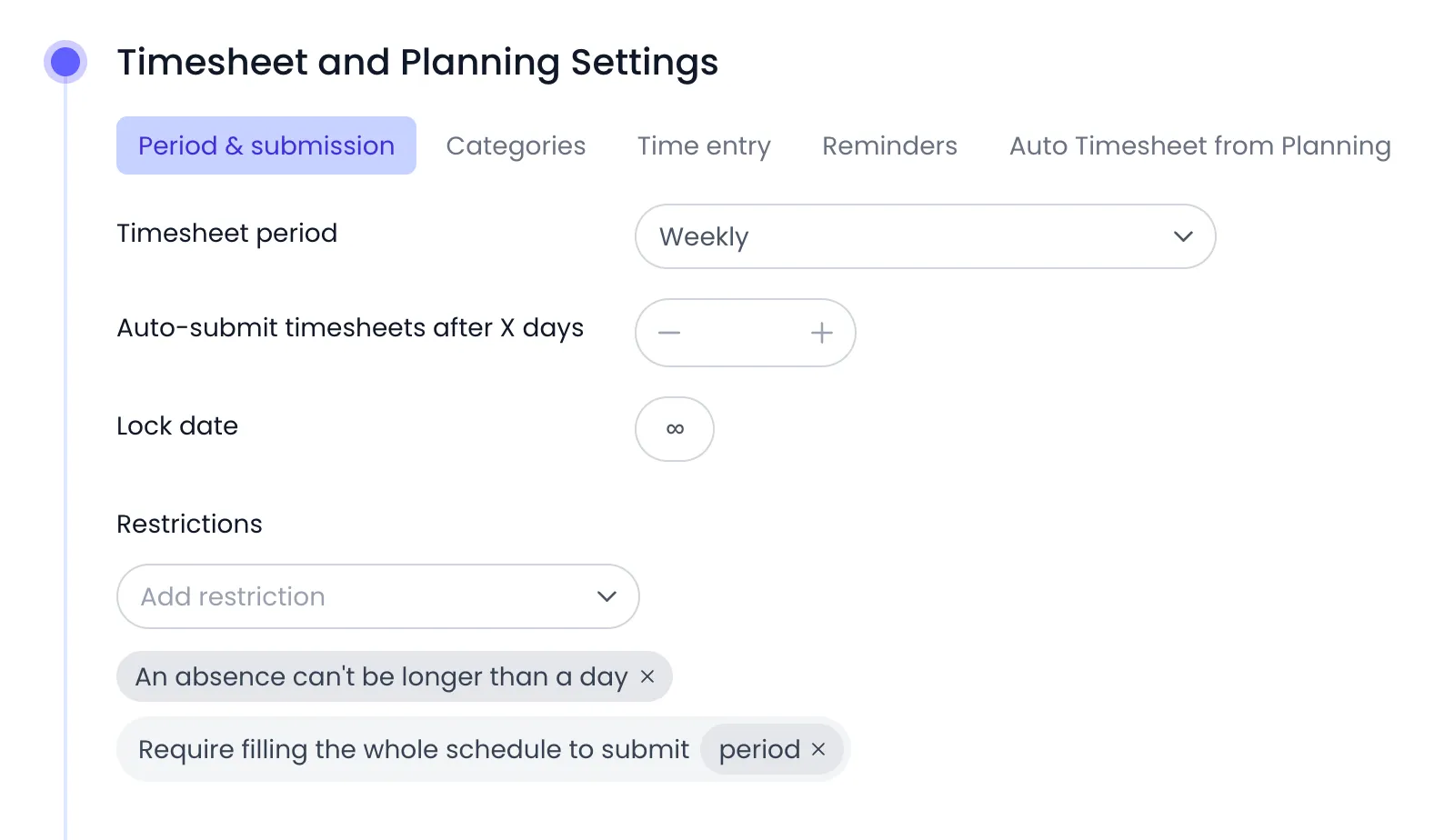 Beebole Timesheet and Planning Settings panel on the Period & submission tab, showing Timesheet period set to Weekly, the Auto-submit timesheets after X days stepper, Lock date, and the Restrictions list with An absence can't be longer than a day and Require filling the whole schedule to submit (period)