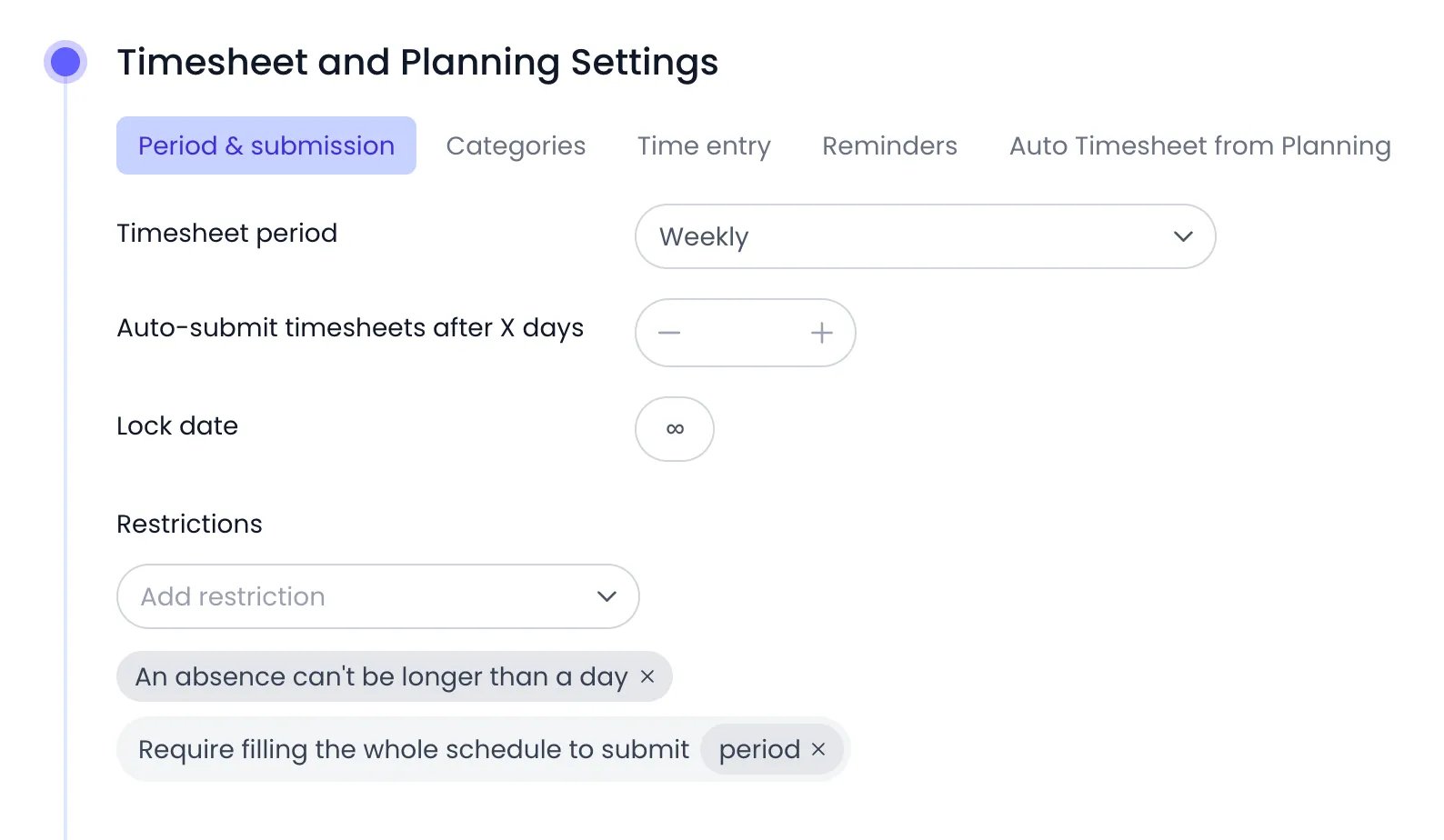 Beebole Timesheet and Planning Settings panel on the Period & submission tab, showing Timesheet period set to Weekly, the Auto-submit timesheets after X days stepper, Lock date, and the Restrictions list with An absence can't be longer than a day and Require filling the whole schedule to submit (period)