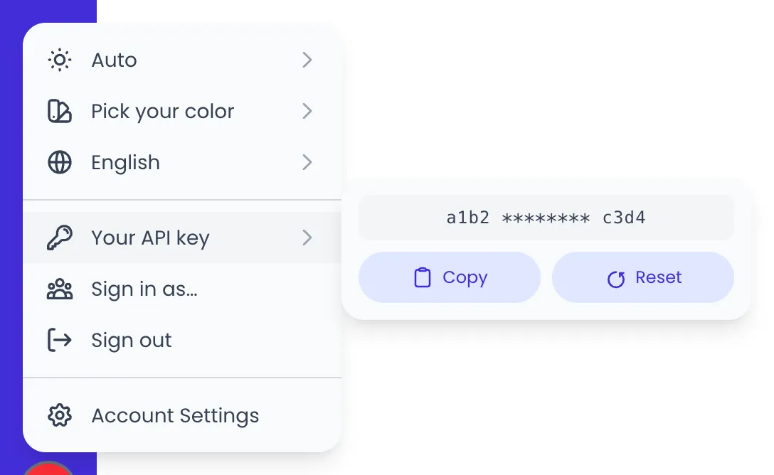 Beebole user menu with Your API key highlighted and its submenu showing the masked key with the Copy and Reset buttons