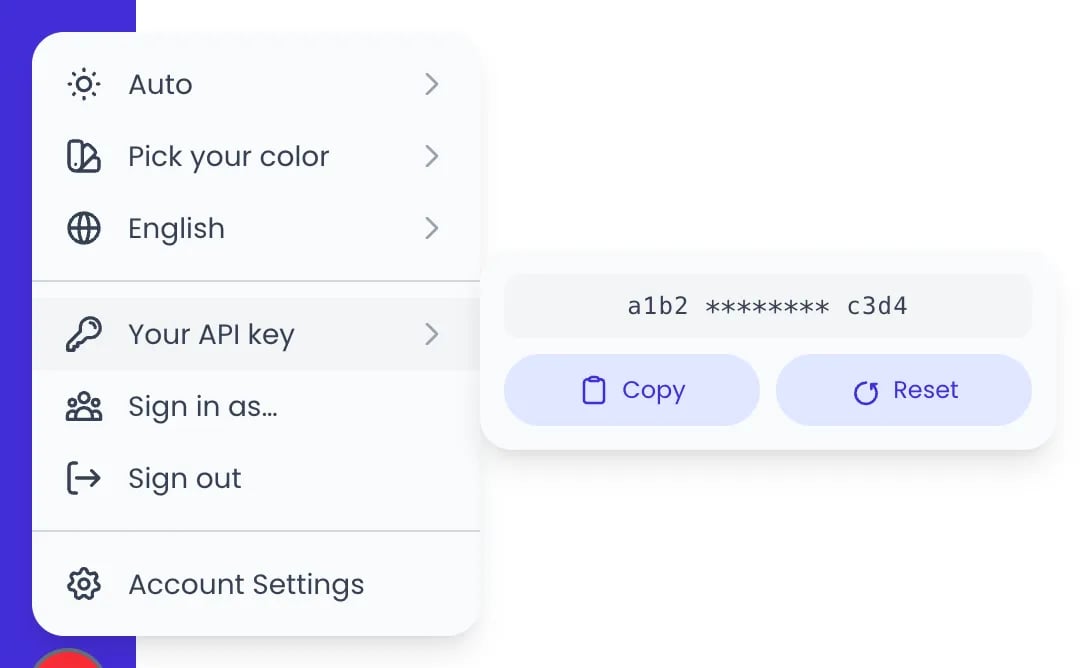 Beebole user menu with Your API key highlighted and its submenu showing the masked key with the Copy and Reset buttons