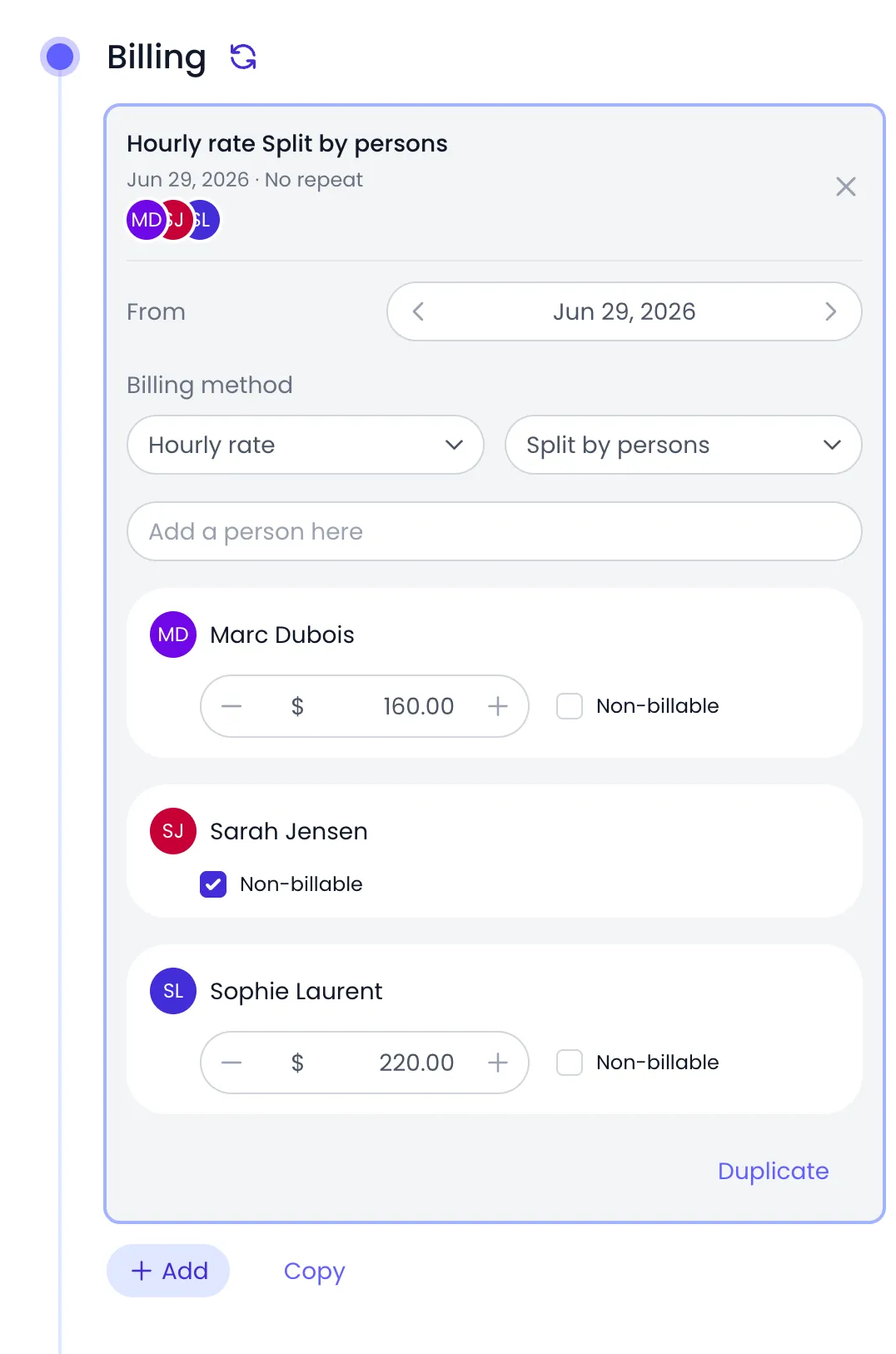 Beebole Billing panel of Northstar Financial with an hourly rate card open, the split set to Split by persons, and rows for Marc Dubois at $160.00, Sarah Jensen marked Non-billable, and Sophie Laurent at $220.00