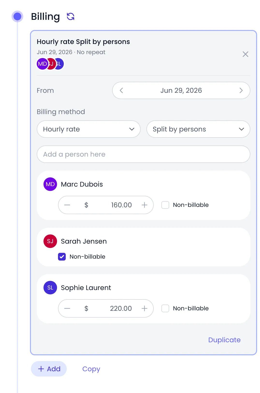 Beebole Billing panel of Northstar Financial with an hourly rate card open, the split set to Split by persons, and rows for Marc Dubois at $160.00, Sarah Jensen marked Non-billable, and Sophie Laurent at $220.00