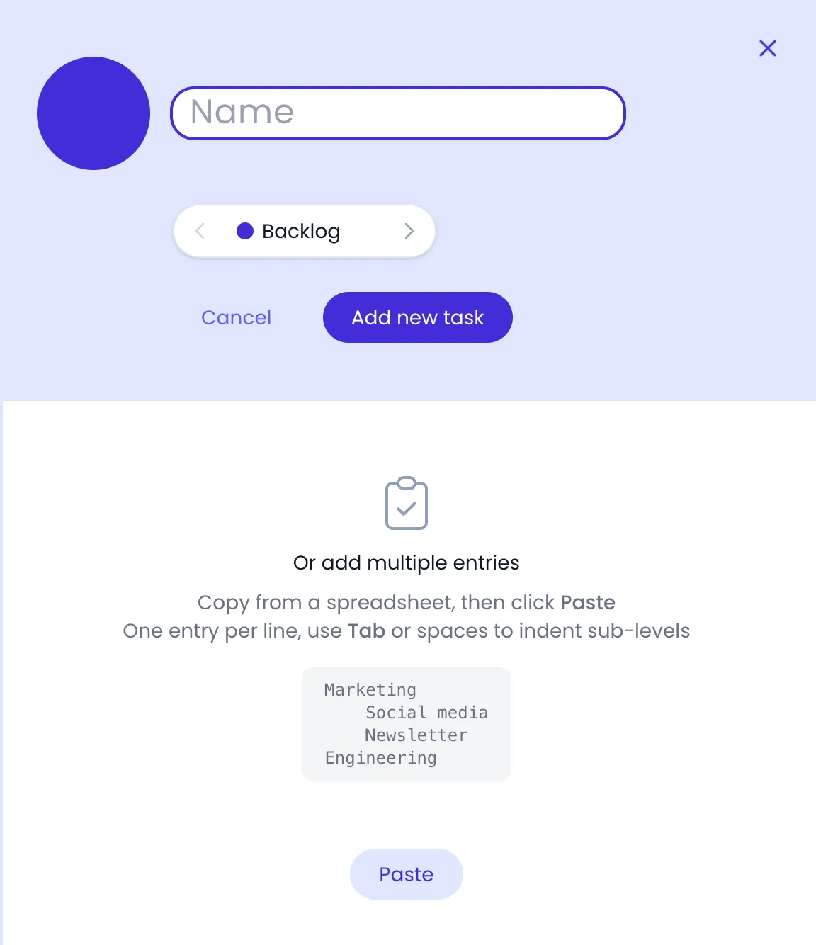 Beebole side panel for a new task with an empty Name field, the status selector on Backlog, the Cancel and Add new task buttons, and below them the Or add multiple entries section with a sample indented list and the Paste button