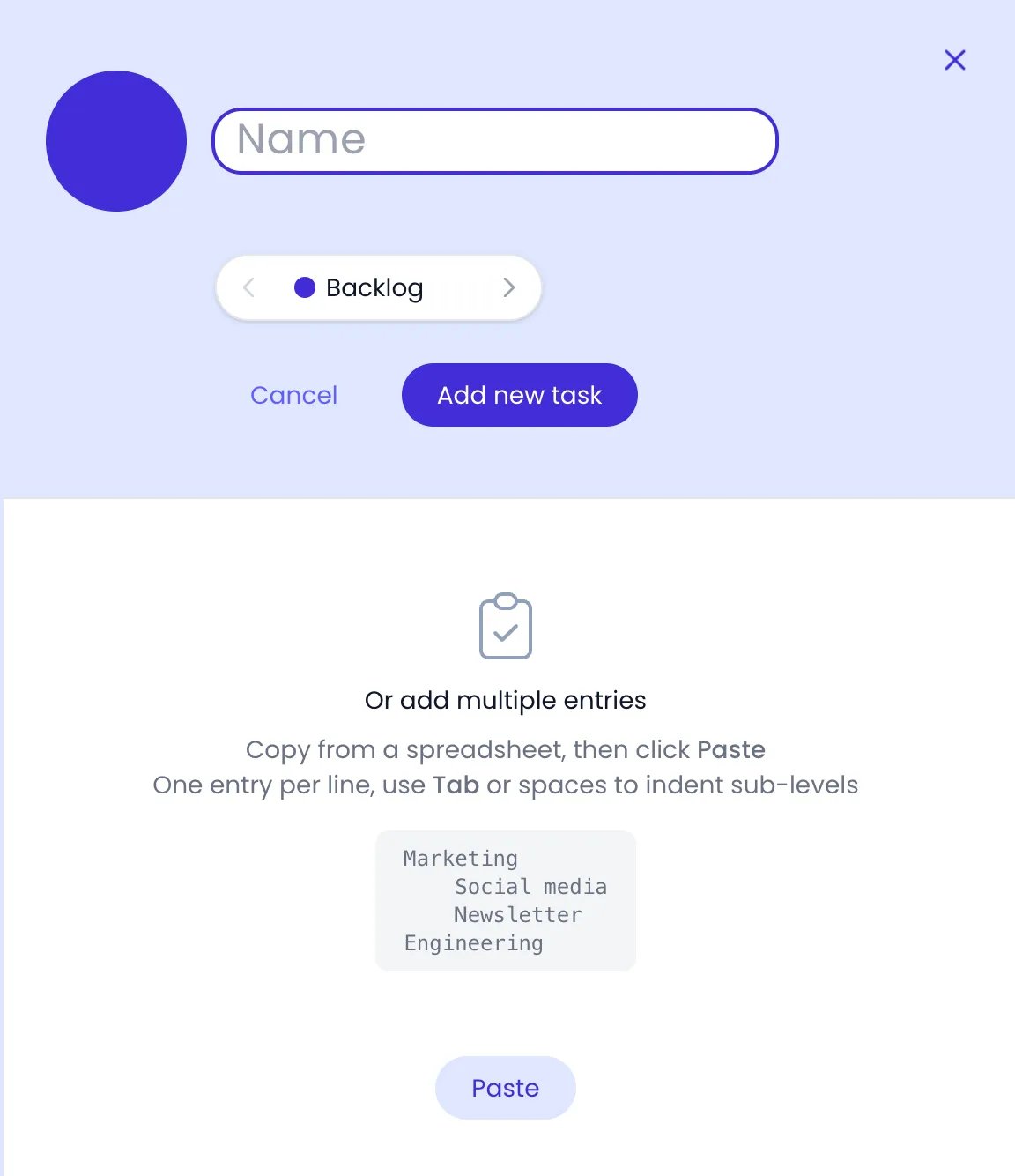 Beebole side panel for a new task with an empty Name field, the status selector on Backlog, the Cancel and Add new task buttons, and below them the Or add multiple entries section with a sample indented list and the Paste button