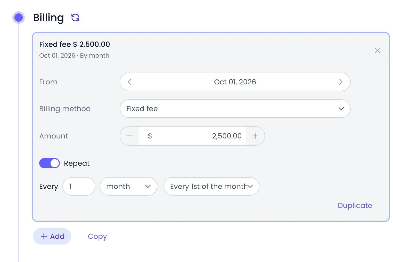 Beebole Billing panel of the Mobile App project with a Fixed fee card open: From Oct 01, 2026, Billing method Fixed fee, Amount $2,500.00, Repeat switched on, and Every 1 month on Every 1st of the month