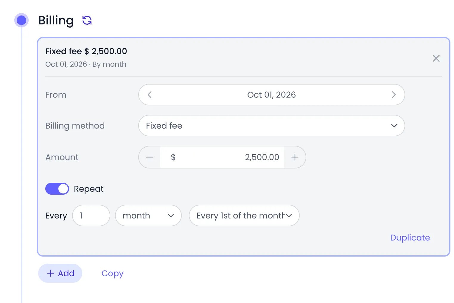 Beebole Billing panel of the Mobile App project with a Fixed fee card open: From Oct 01, 2026, Billing method Fixed fee, Amount $2,500.00, Repeat switched on, and Every 1 month on Every 1st of the month