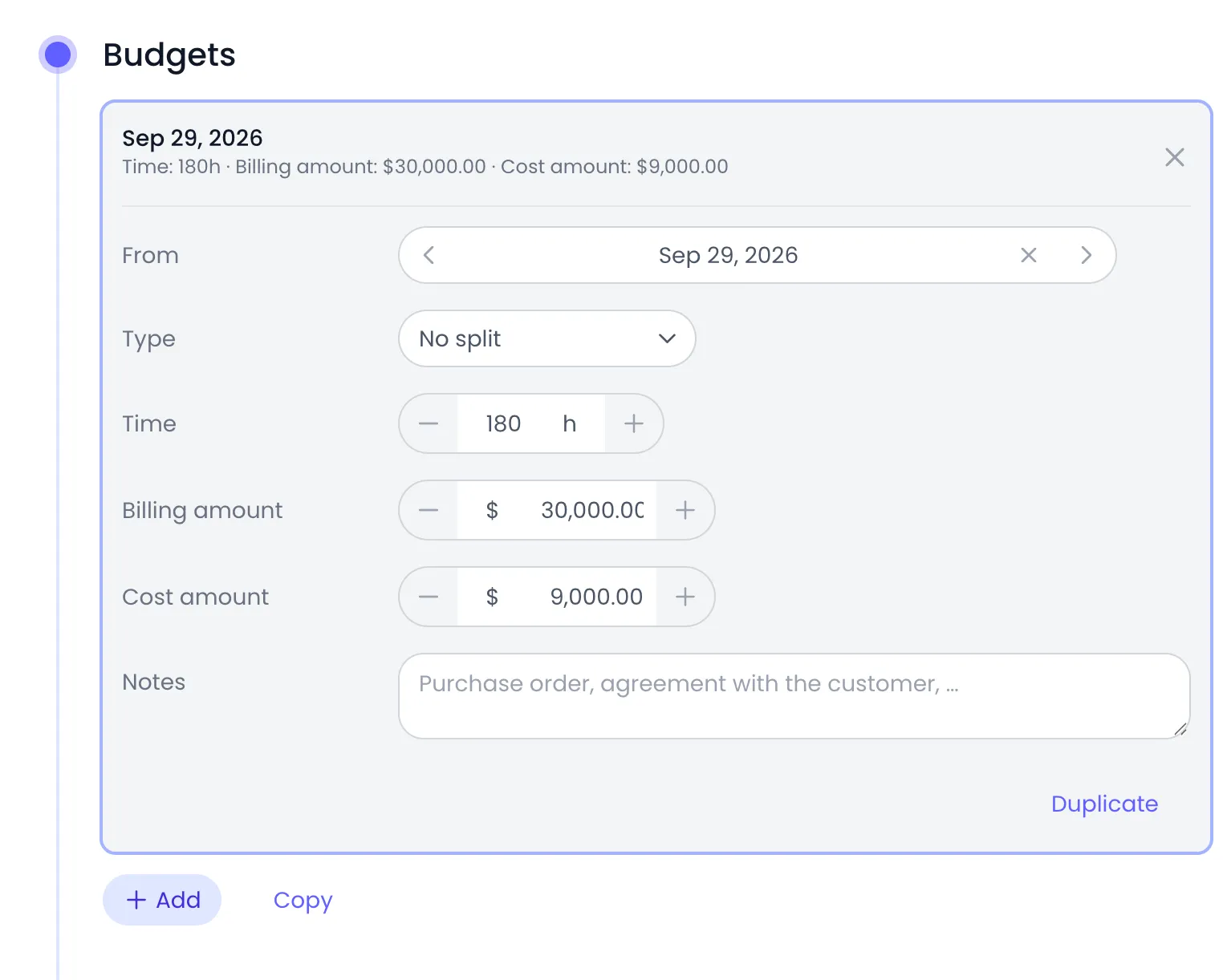 Beebole Budgets panel of the Web Portal project with a budget card open, showing the From date, the Type set to No split, a Time target of 180 h, a Billing amount of $30,000.00, a Cost amount of $9,000.00 and an empty Notes field