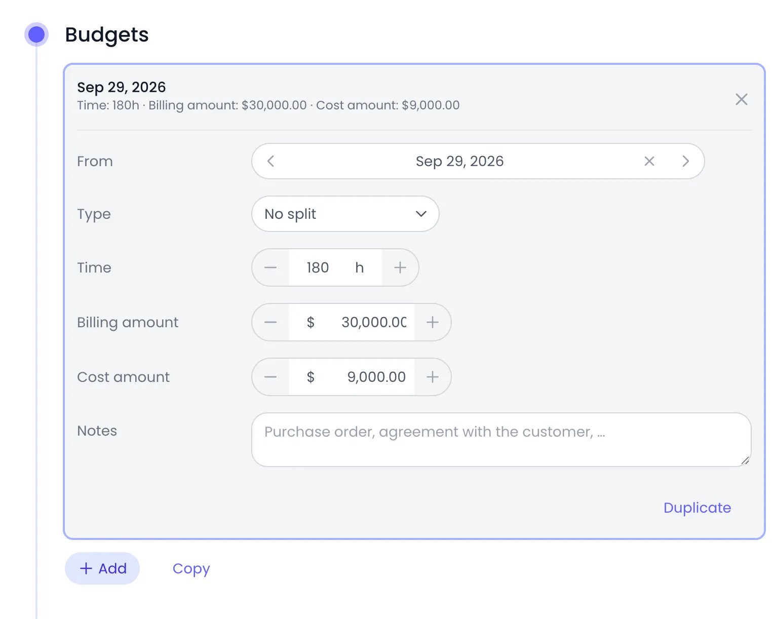 Beebole Budgets panel of the Web Portal project with a budget card open, showing the From date, the Type set to No split, a Time target of 180 h, a Billing amount of $30,000.00, a Cost amount of $9,000.00 and an empty Notes field