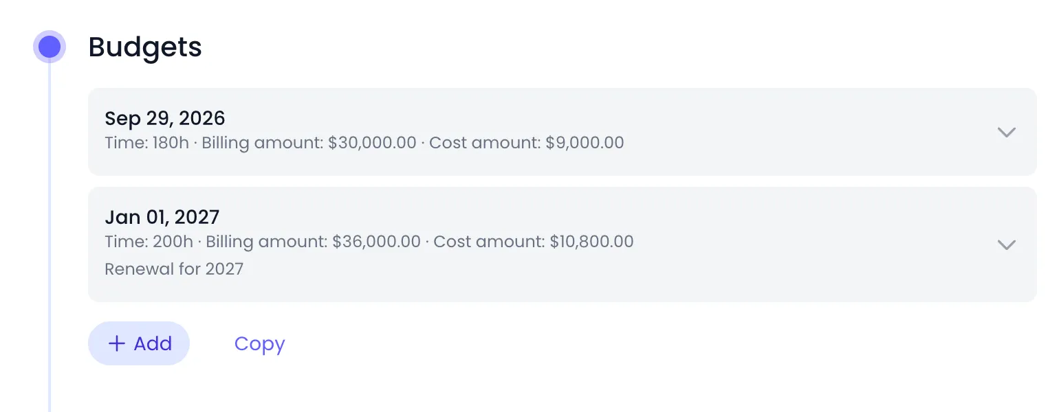 Beebole Budgets panel of the Web Portal project with two budgets in date order: one from Sep 29, 2026 with Time 180h and Billing amount $30,000.00, and one from Jan 01, 2027 with Time 200h, Billing amount $36,000.00 and the note Renewal for 2027