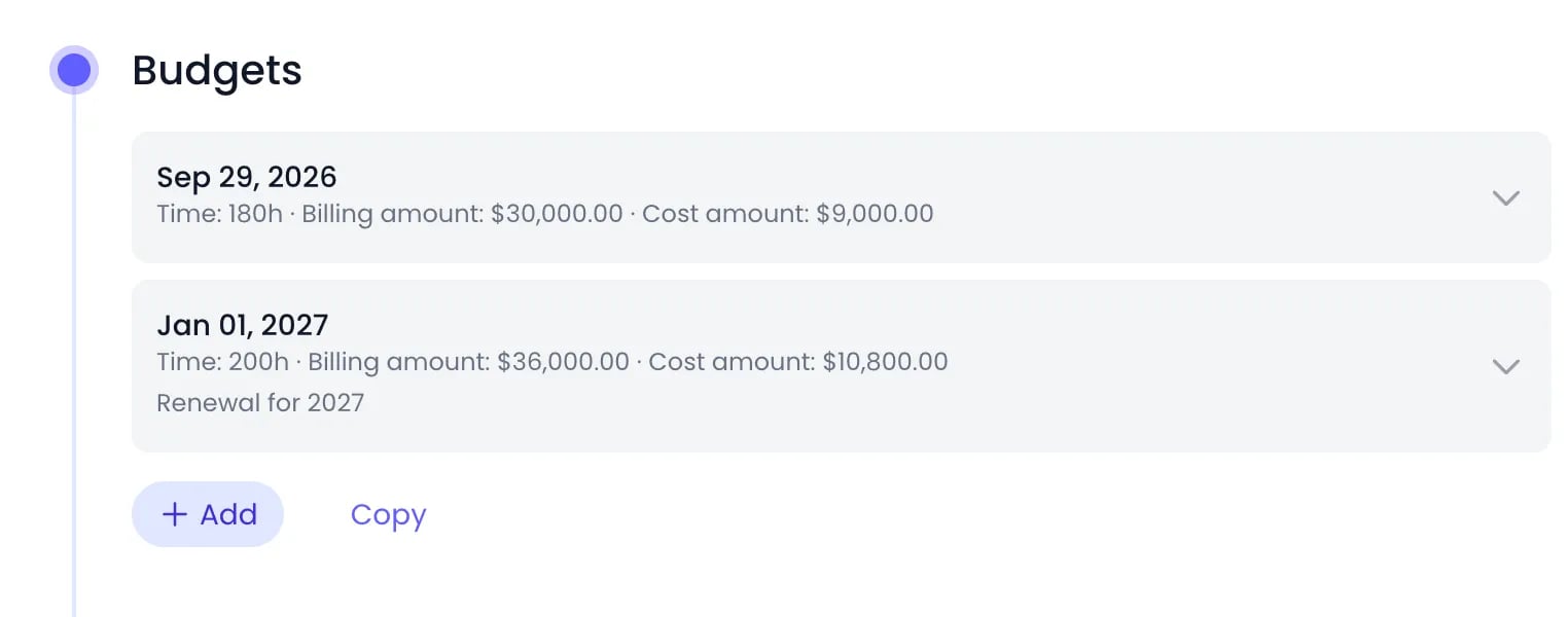 Beebole Budgets panel of the Web Portal project with two budgets in date order: one from Sep 29, 2026 with Time 180h and Billing amount $30,000.00, and one from Jan 01, 2027 with Time 200h, Billing amount $36,000.00 and the note Renewal for 2027