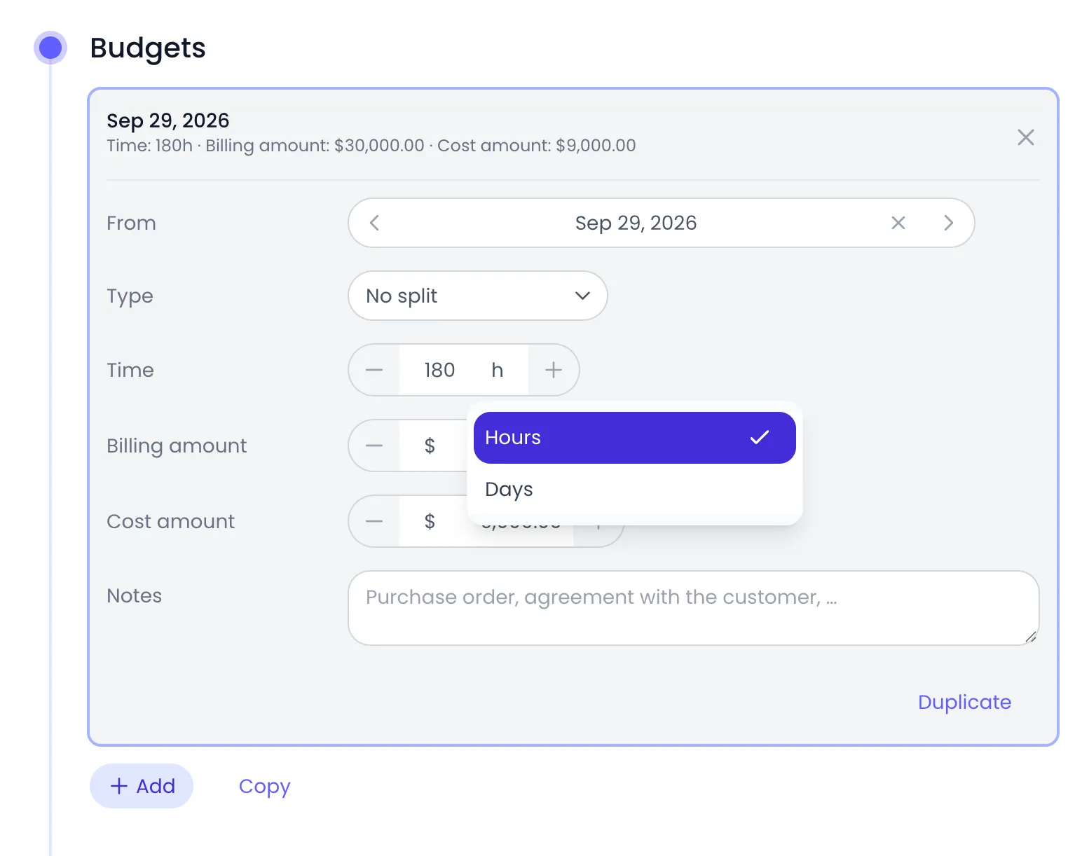 Beebole budget card of the Web Portal project with the unit picker next to the 180 Time target open, offering Hours, checked, and Days