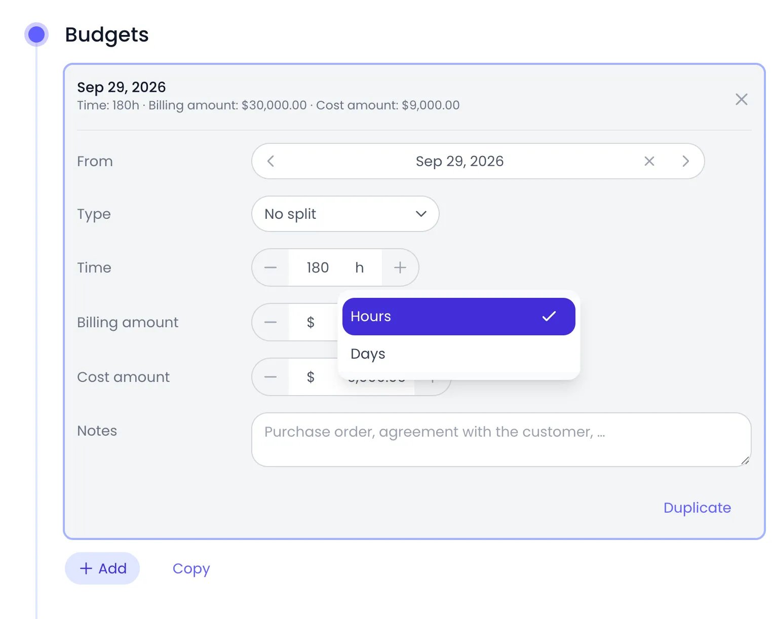 Beebole budget card of the Web Portal project with the unit picker next to the 180 Time target open, offering Hours, checked, and Days