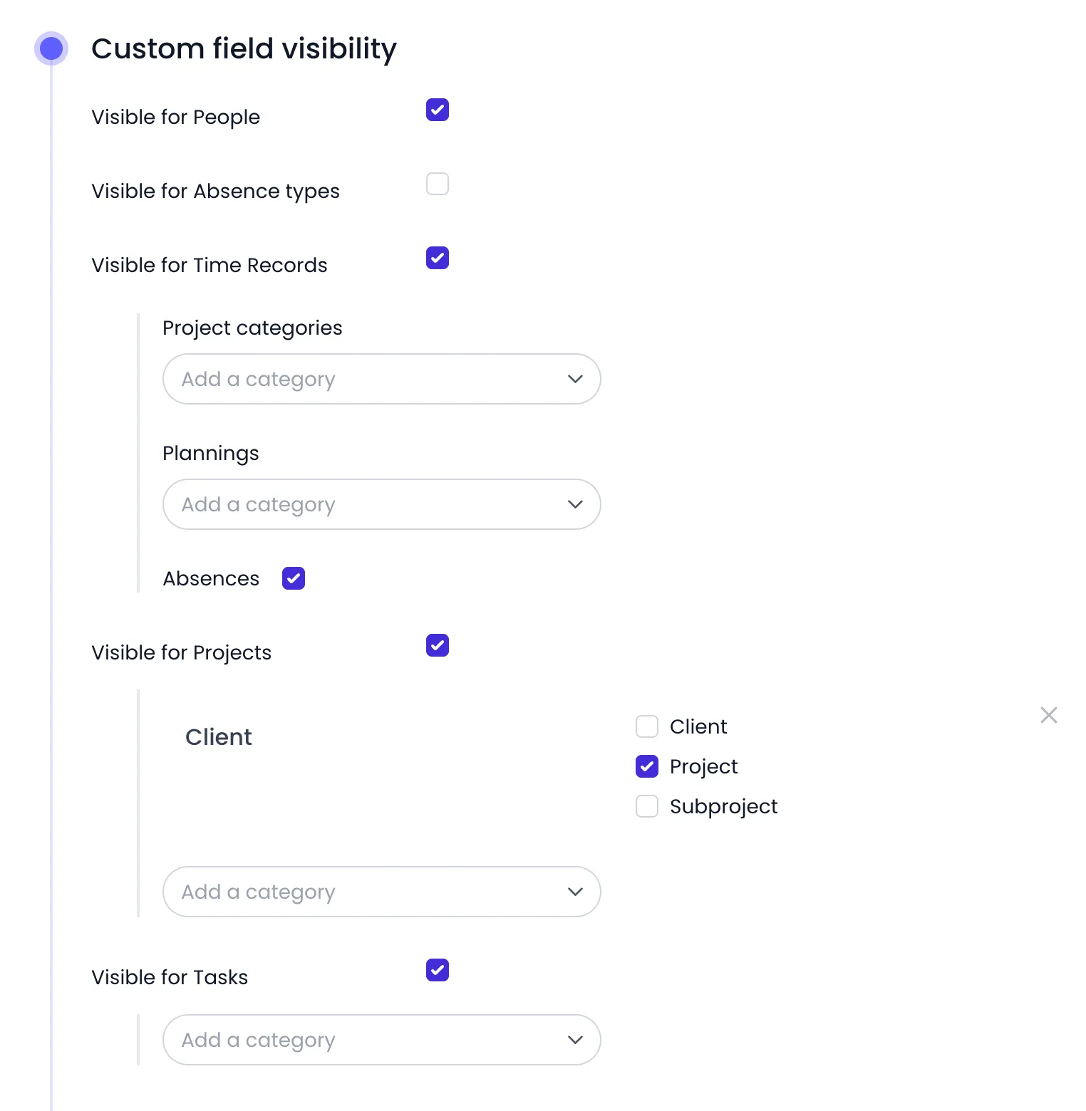 Beebole Custom field visibility panel with Visible for People on, Visible for Absence types off, Visible for Time Records on with the Project categories and Plannings pickers and Absences ticked, Visible for Projects on with the Client category limited to the Project level, and Visible for Tasks on