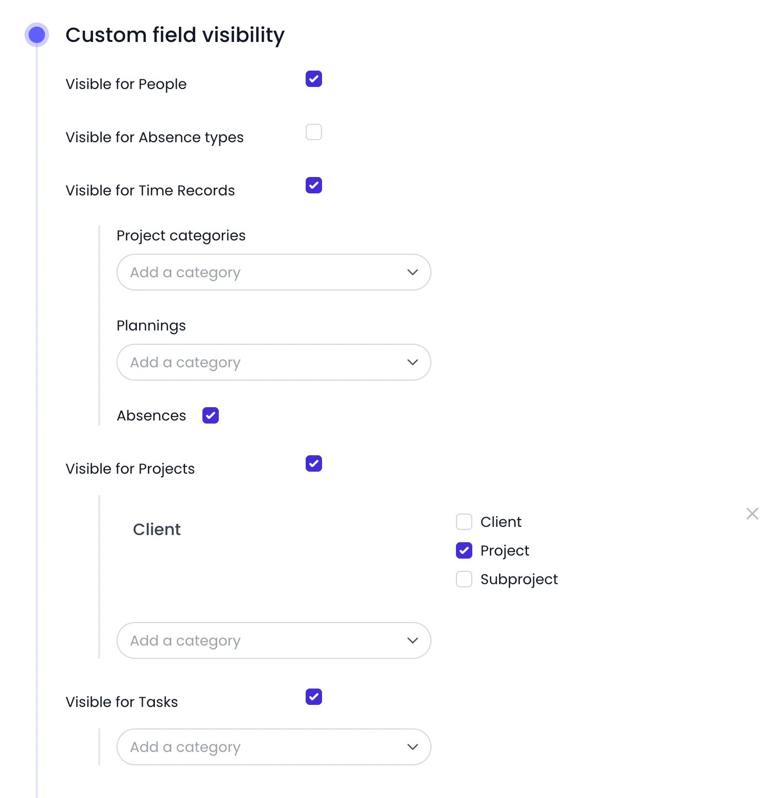 Beebole Custom field visibility panel with Visible for People on, Visible for Absence types off, Visible for Time Records on with the Project categories and Plannings pickers and Absences ticked, Visible for Projects on with the Client category limited to the Project level, and Visible for Tasks on