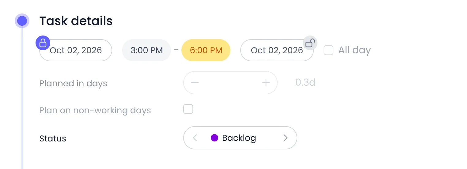 Beebole Task details panel of a booking with All day unchecked, the start time 3:00 PM and the end time 6:00 PM highlighted in yellow, Planned in days, Plan on non-working days and the Backlog status