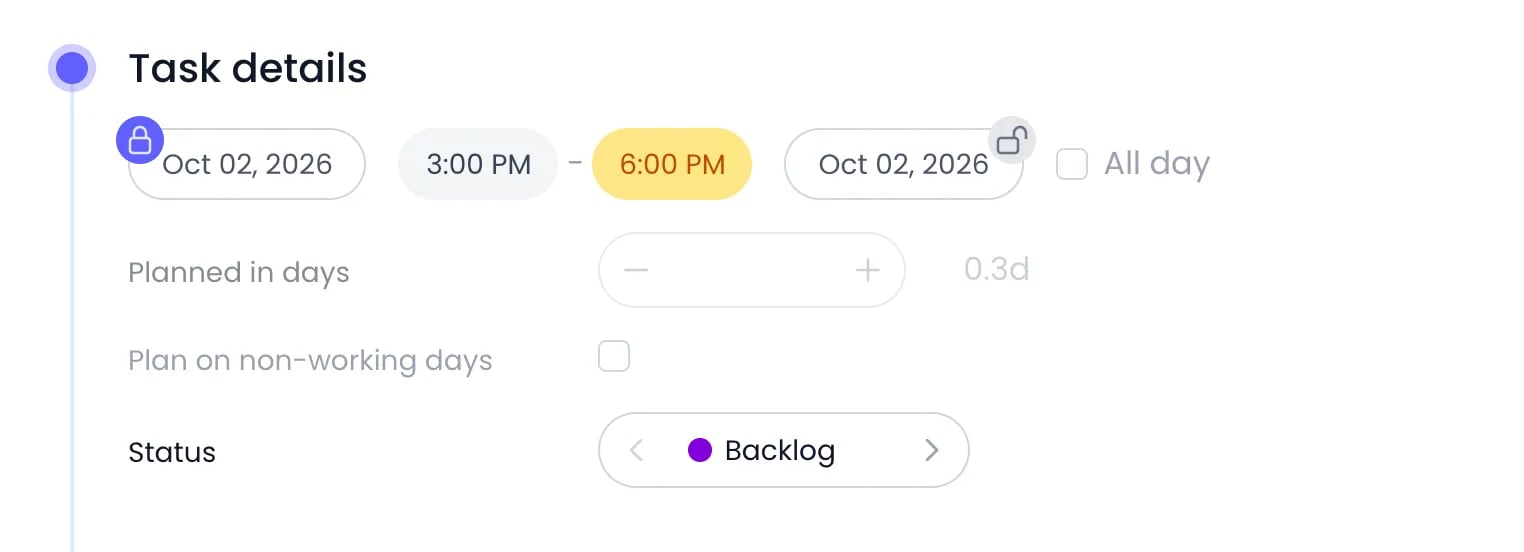 Beebole Task details panel of a booking with All day unchecked, the start time 3:00 PM and the end time 6:00 PM highlighted in yellow, Planned in days, Plan on non-working days and the Backlog status