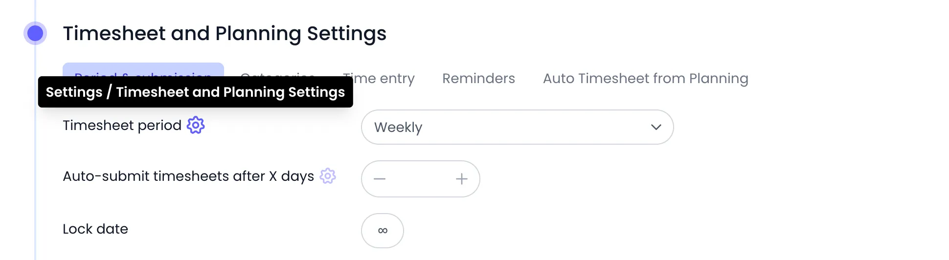 Beebole Timesheet and Planning Settings panel on a person, Period & submission tab, with a gear icon next to Timesheet period and Auto-submit timesheets after X days, and the gear's tooltip reading Settings / Timesheet and Planning Settings