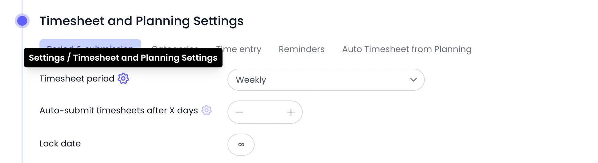 Beebole Timesheet and Planning Settings panel on a person, Period & submission tab, with a gear icon next to Timesheet period and Auto-submit timesheets after X days, and the gear's tooltip reading Settings / Timesheet and Planning Settings