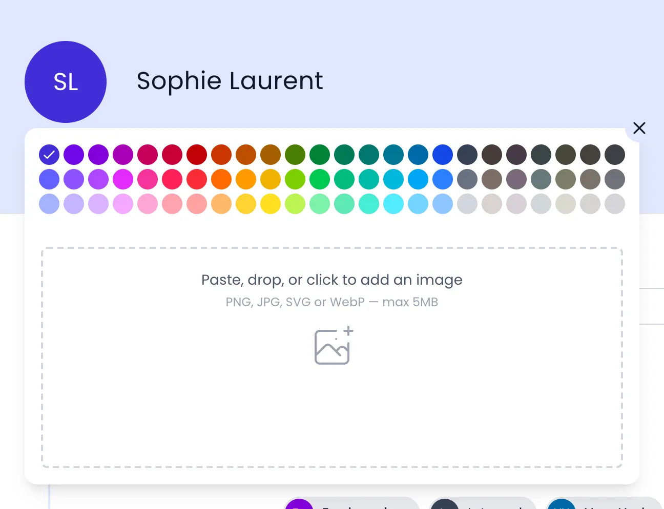 Beebole profile of Sophie Laurent with the menu opened from her SL initials: three rows of color swatches with the current color checked, and below them the Paste, drop, or click to add an image area for PNG, JPG, SVG or WebP files up to 5 MB