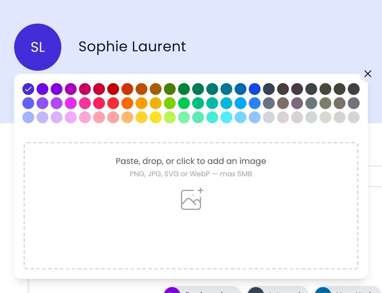 Beebole profile of Sophie Laurent with the menu opened from her SL initials: three rows of color swatches with the current color checked, and below them the Paste, drop, or click to add an image area for PNG, JPG, SVG or WebP files up to 5 MB