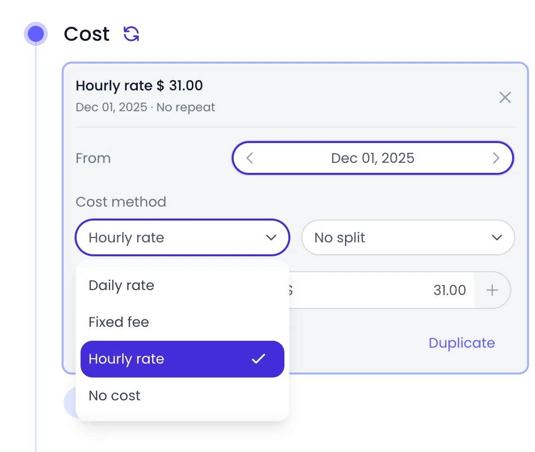 Beebole Cost panel of a person with an Hourly rate card of $31.00 from Dec 01, 2025 unfolded and its Cost method list open on Daily rate, Fixed fee, Hourly rate (checked) and No cost, next to the No split selector