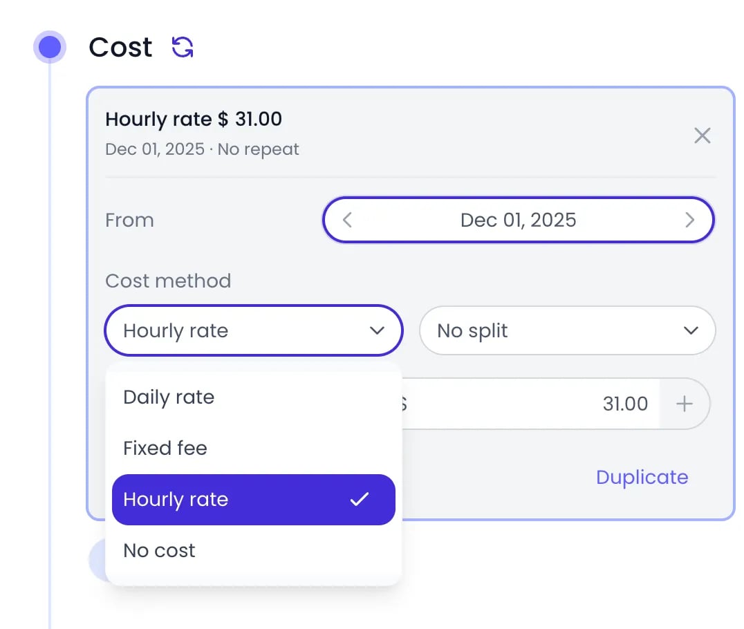 Beebole Cost panel of a person with an Hourly rate card of $31.00 from Dec 01, 2025 unfolded and its Cost method list open on Daily rate, Fixed fee, Hourly rate (checked) and No cost, next to the No split selector