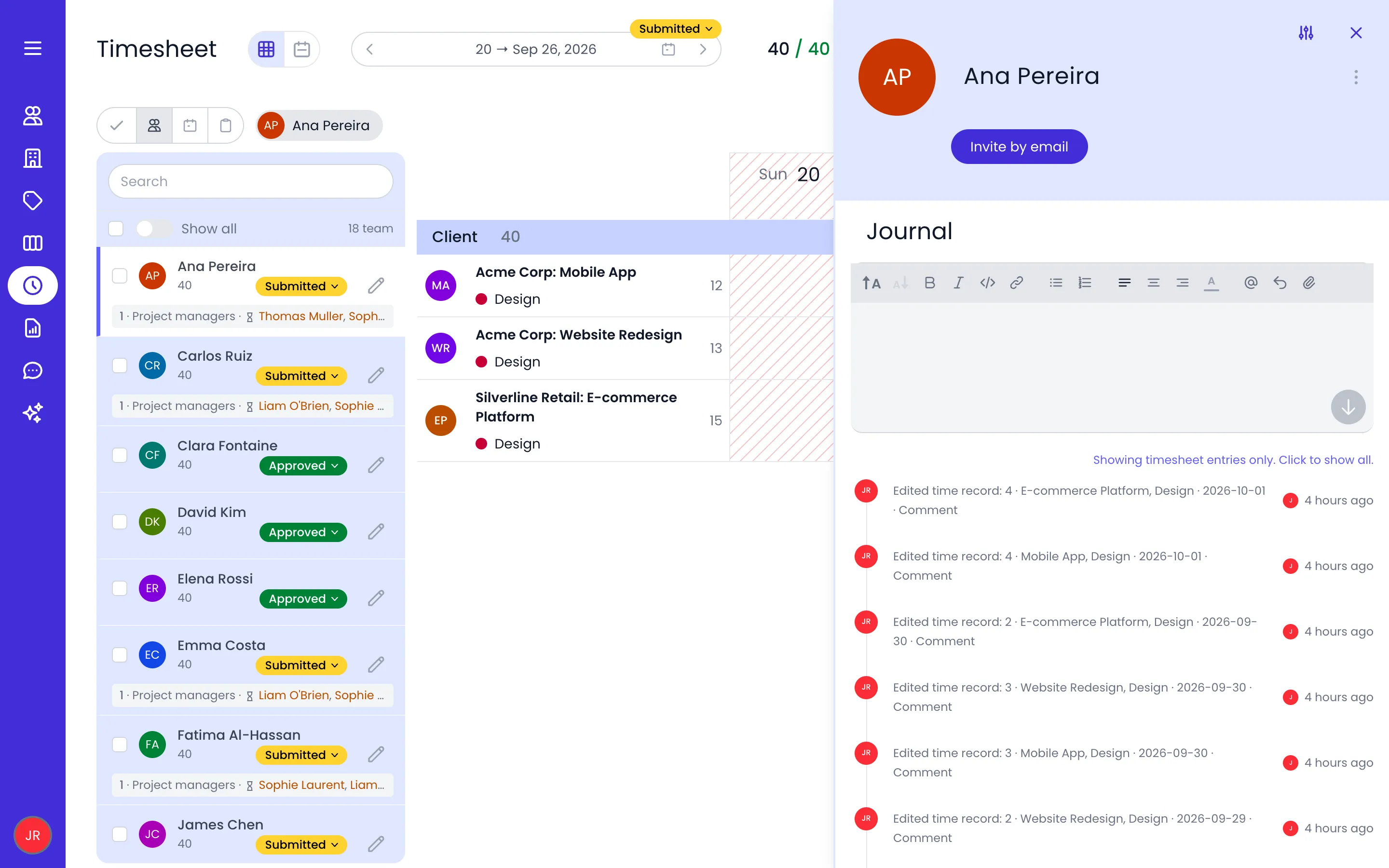 Beebole Timesheet page on the week of September 20 to 26, 2026, with the Team pane listing Ana Pereira and her team and Ana Pereira's details open on the right, her Journal showing Showing timesheet entries only. Click to show all. above a list of Edited time record events