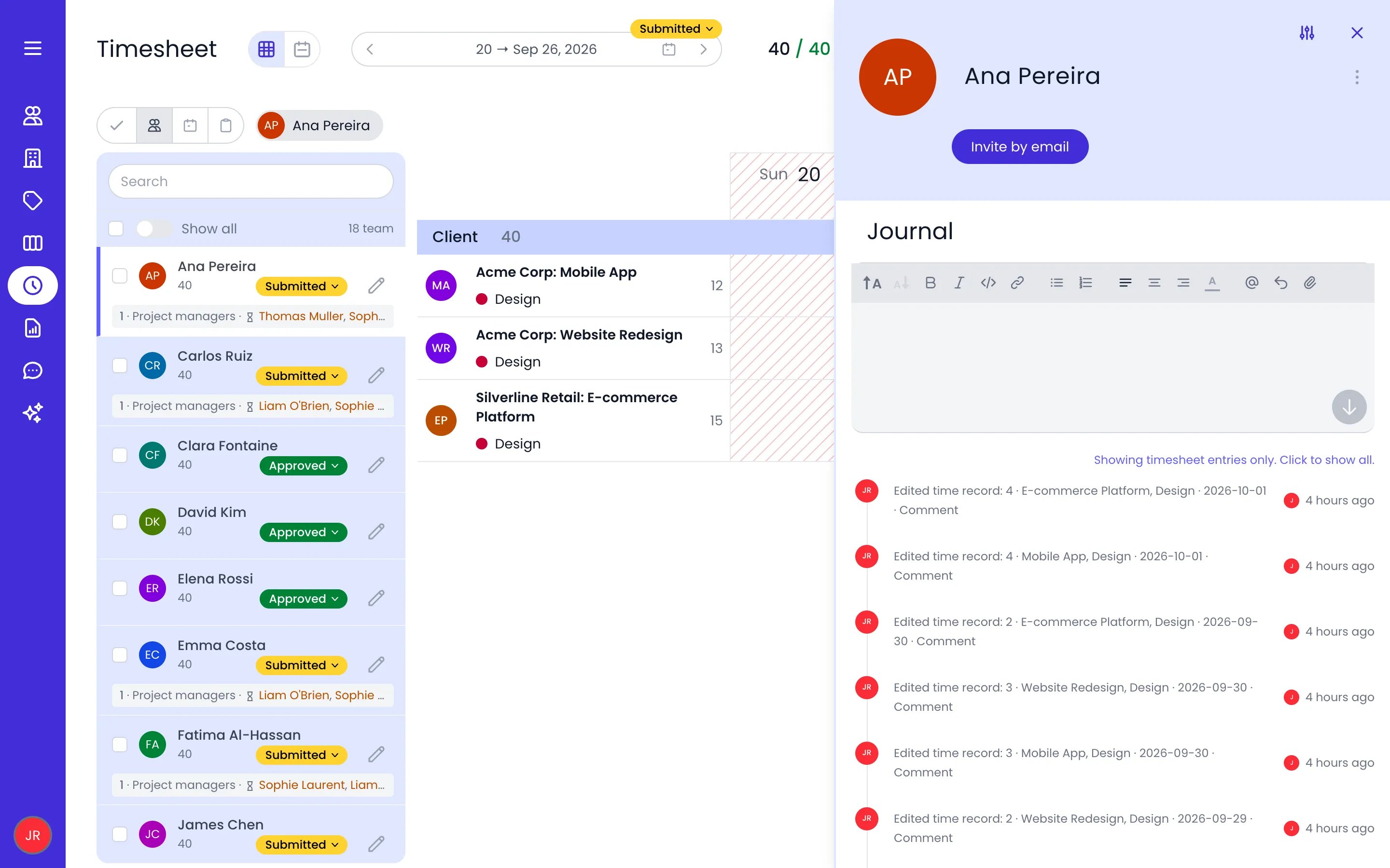Beebole Timesheet page on the week of September 20 to 26, 2026, with the Team pane listing Ana Pereira and her team and Ana Pereira's details open on the right, her Journal showing Showing timesheet entries only. Click to show all. above a list of Edited time record events