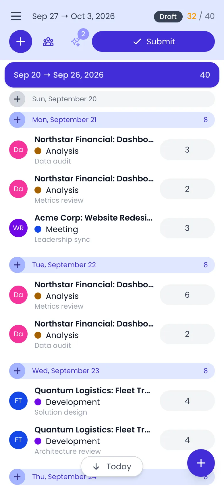 Beebole timesheet on a phone scrolled up to the week of Sep 20 to Sep 26, 2026, with its 40 hours, the days from Sunday, September 20 to Thursday, September 24 and their entries, and the Today button with a down arrow in the footer next to the add button