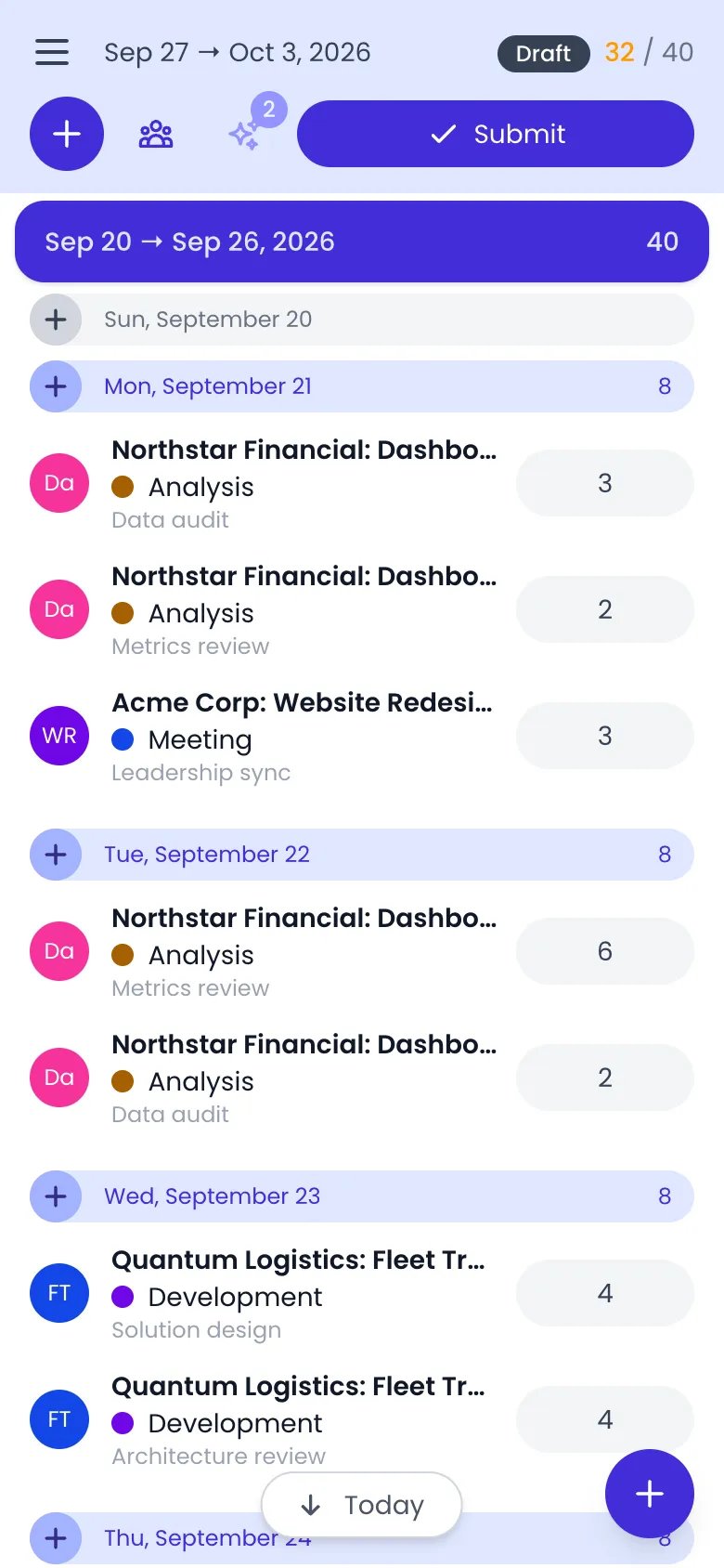 Beebole timesheet on a phone scrolled up to the week of Sep 20 to Sep 26, 2026, with its 40 hours, the days from Sunday, September 20 to Thursday, September 24 and their entries, and the Today button with a down arrow in the footer next to the add button