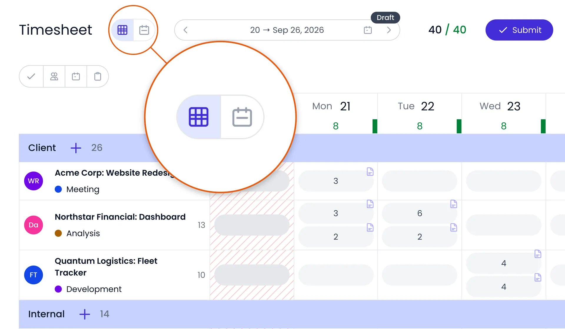 Beebole timesheet header in Grid view with a magnifier on the two buttons next to the Timesheet title, the grid icon selected and the calendar icon beside it, above the week of September 20 to 26, 2026