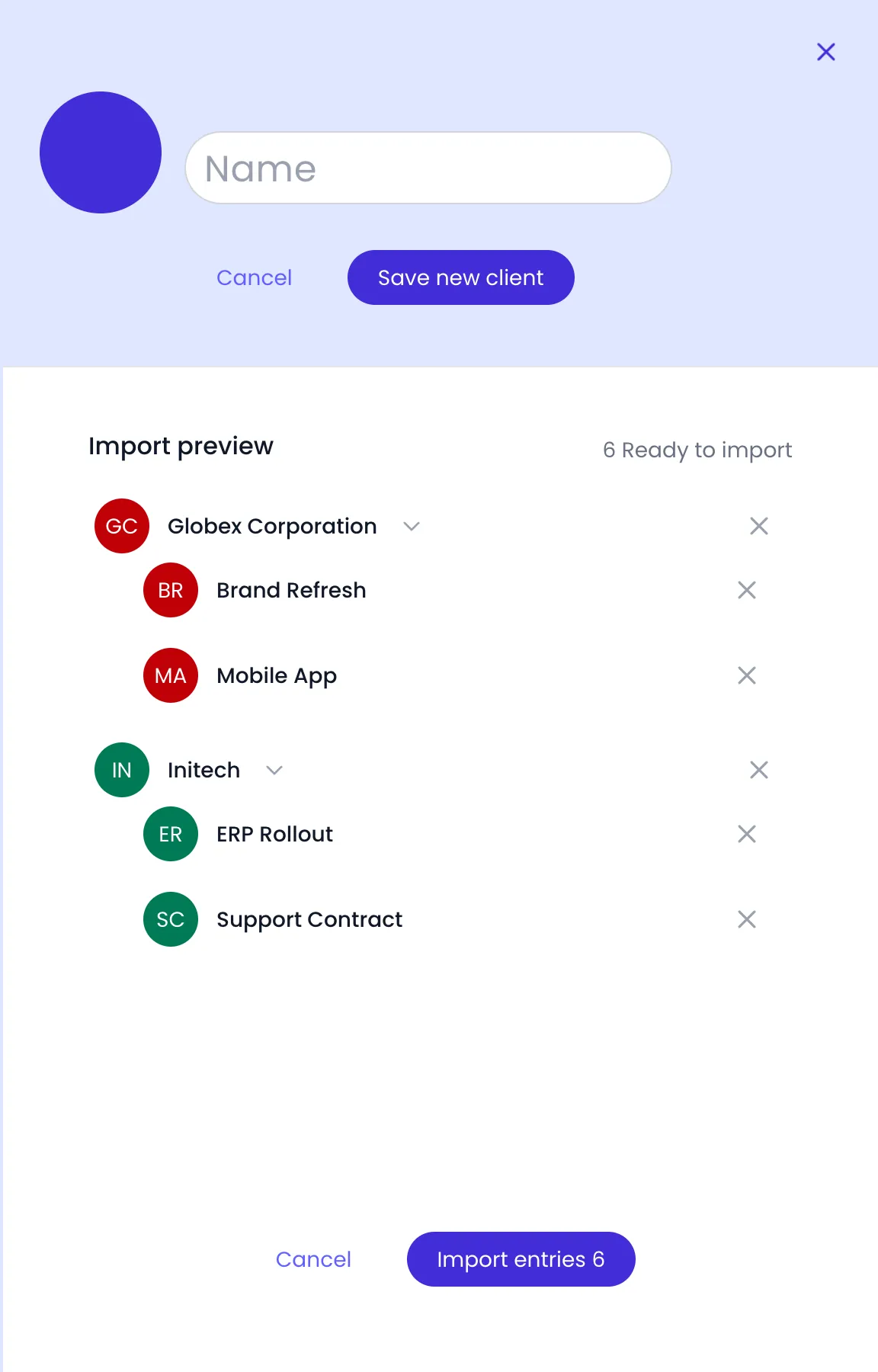 Beebole Add Client panel with the Import preview listing Globex Corporation with Brand Refresh and Mobile App, and Initech with ERP Rollout and Support Contract, a counter reading 6 Ready to import, and the Import entries 6 button