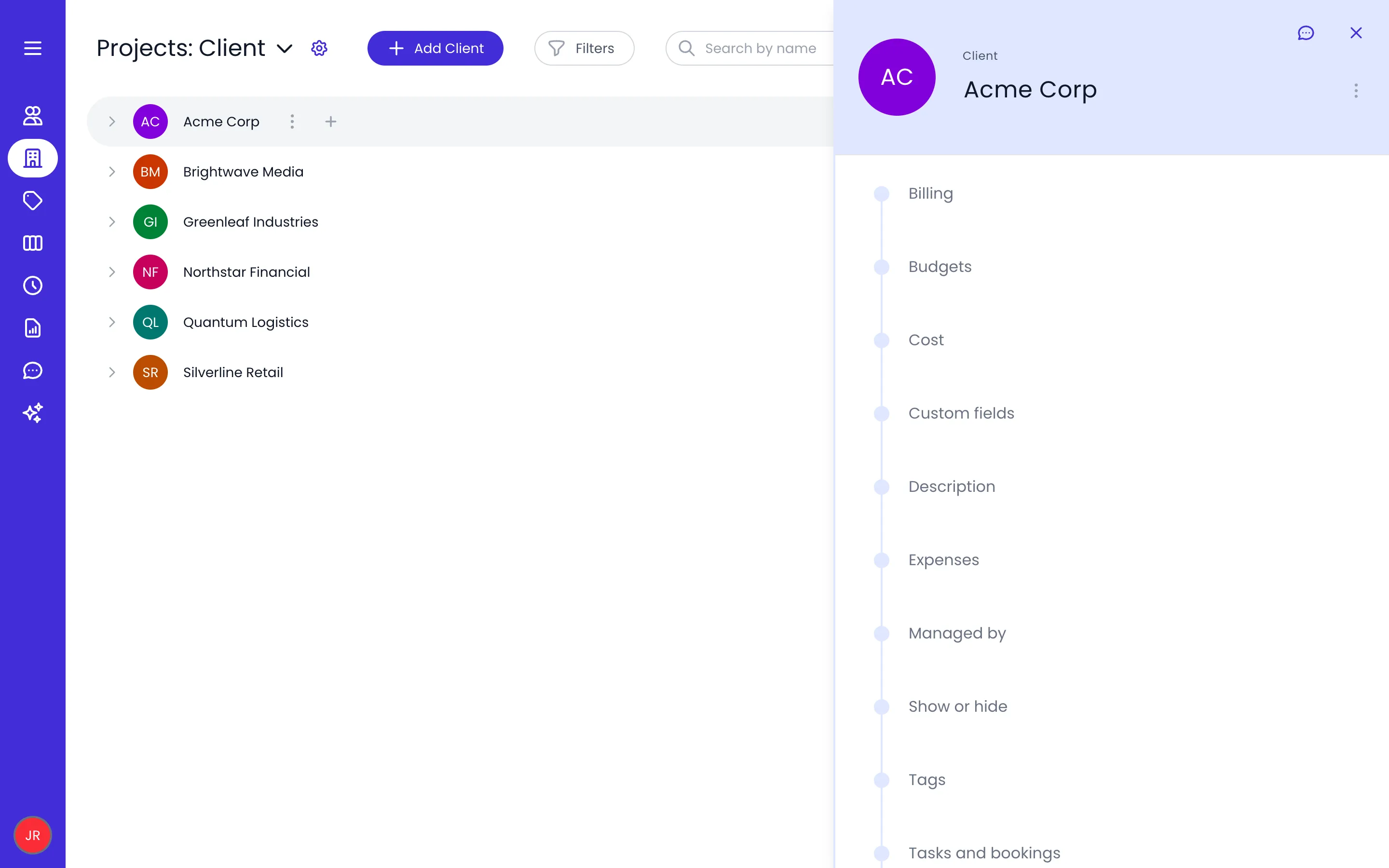 Beebole Projects page with the Client category list on the left and the Acme Corp detail panel open on the right, listing the Billing, Budgets, Cost, Custom fields, Description, Expenses, Managed by, Show or hide, Tags and Tasks and bookings panels