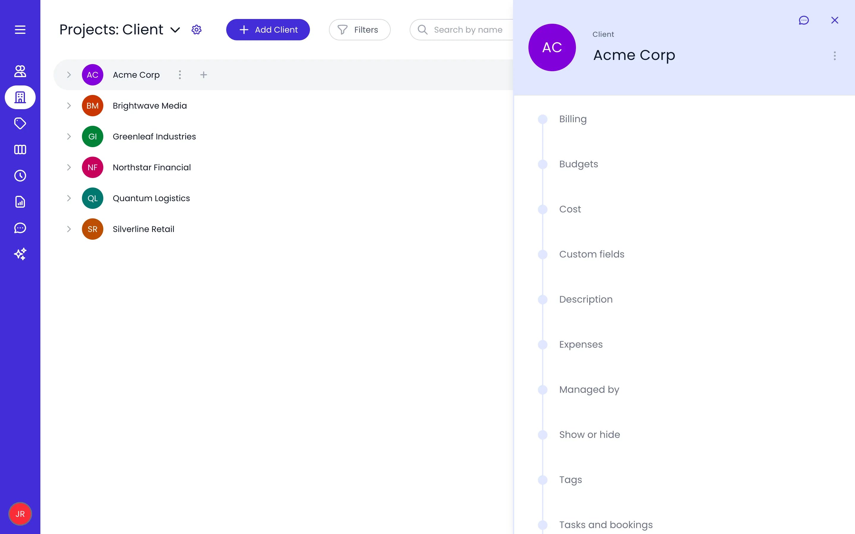 Beebole Projects page with the Client category list on the left and the Acme Corp detail panel open on the right, listing the Billing, Budgets, Cost, Custom fields, Description, Expenses, Managed by, Show or hide, Tags and Tasks and bookings panels