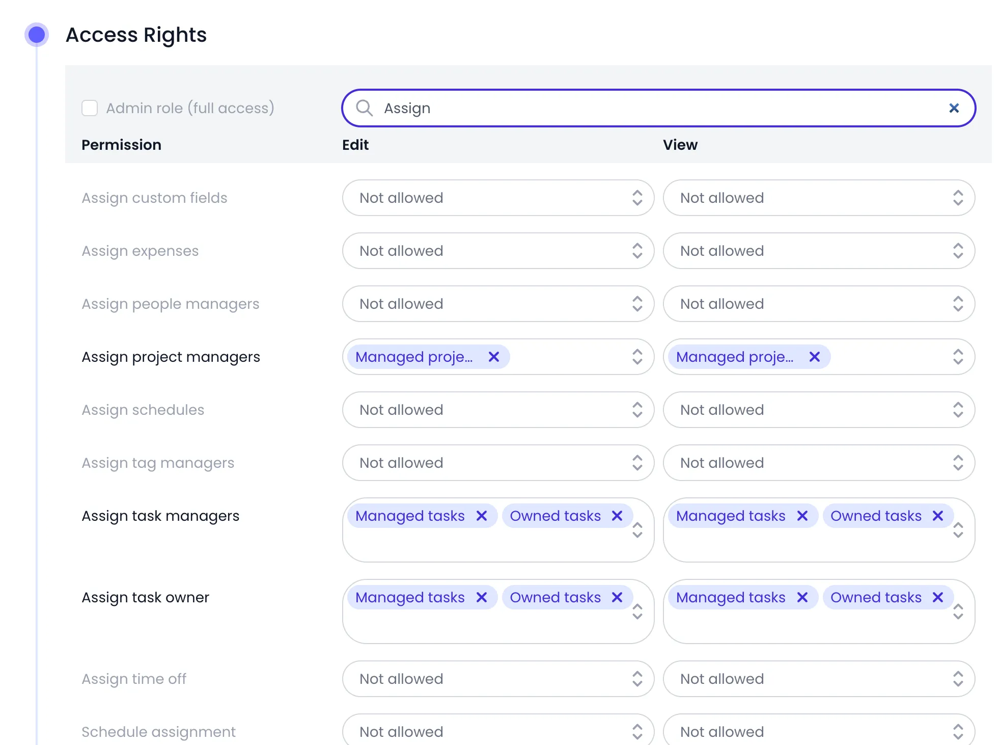 Beebole Access Rights panel of the Project manager role with Assign typed in the Search field, listing Assign custom fields, Assign expenses, Assign people managers, Assign schedules, Assign tag managers, Assign time off and Schedule assignment as Not allowed, Assign project managers on Managed projects, and Assign task managers and Assign task owner on Managed tasks and Owned tasks