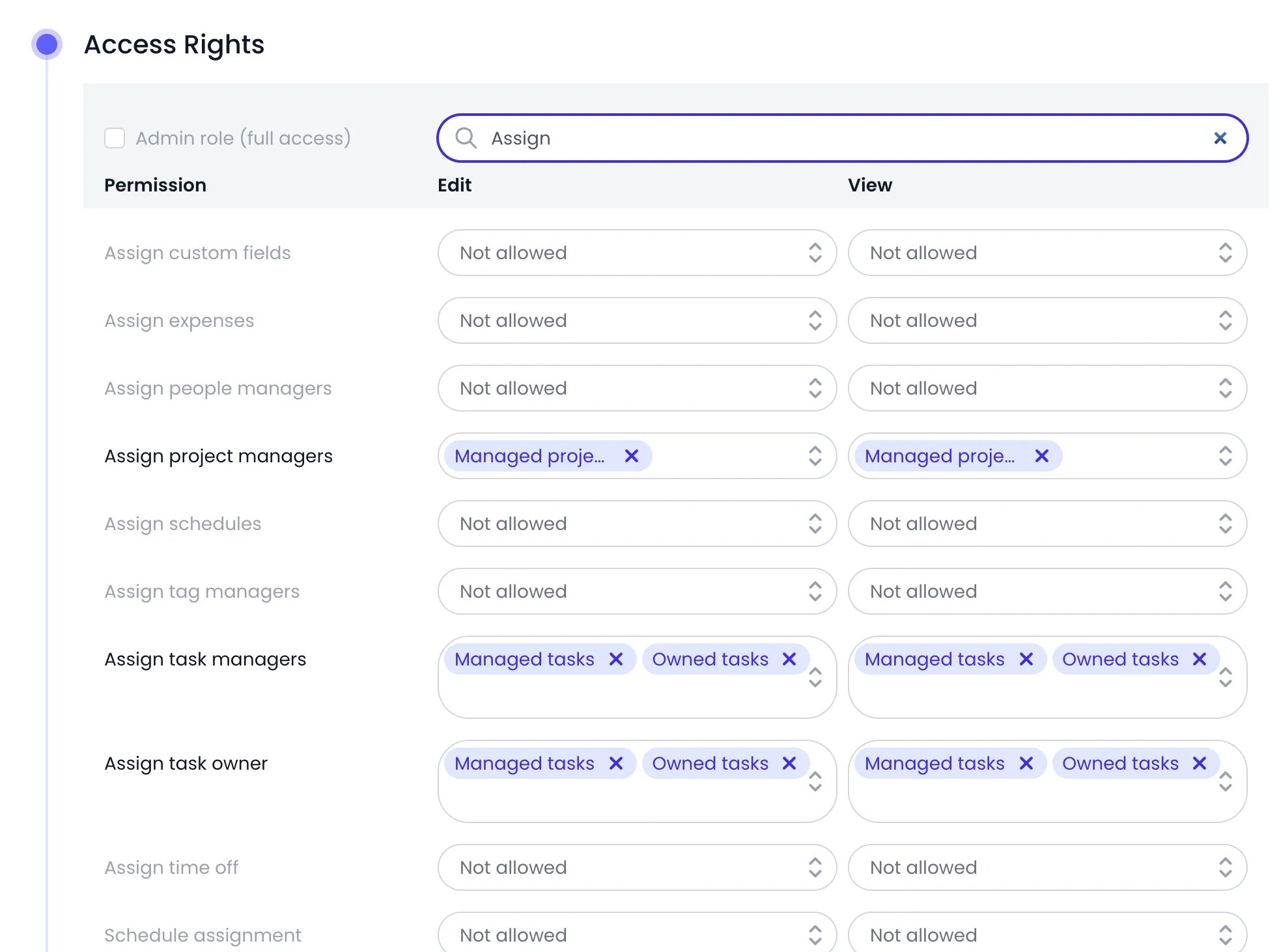 Beebole Access Rights panel of the Project manager role with Assign typed in the Search field, listing Assign custom fields, Assign expenses, Assign people managers, Assign schedules, Assign tag managers, Assign time off and Schedule assignment as Not allowed, Assign project managers on Managed projects, and Assign task managers and Assign task owner on Managed tasks and Owned tasks