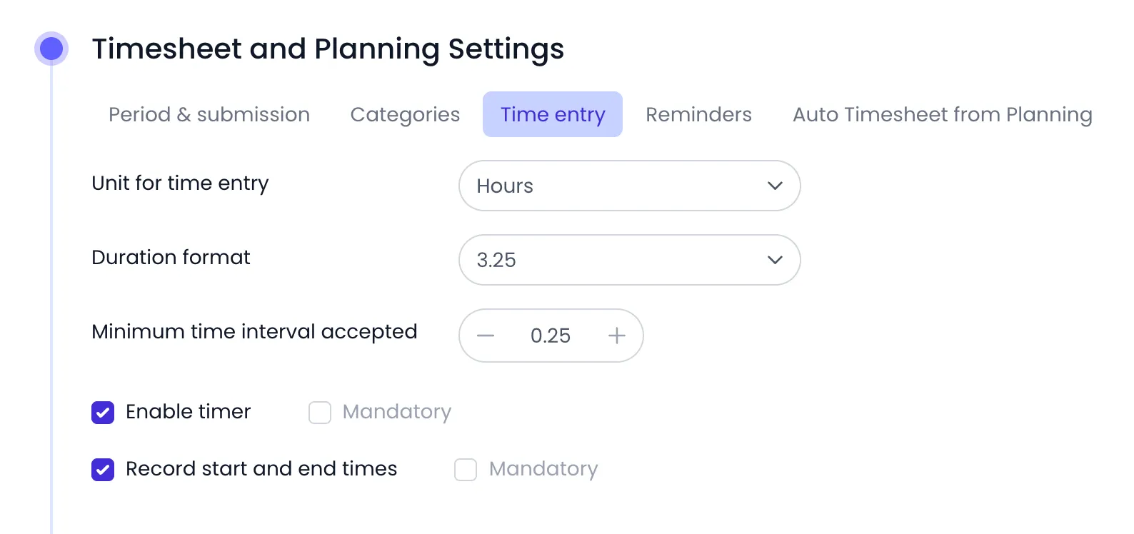 Beebole Timesheet and Planning Settings panel on the Time entry tab, showing Unit for time entry set to Hours, Duration format 3.25, Minimum time interval accepted 0.25, and Enable timer and Record start and end times checked, each with an unchecked Mandatory box