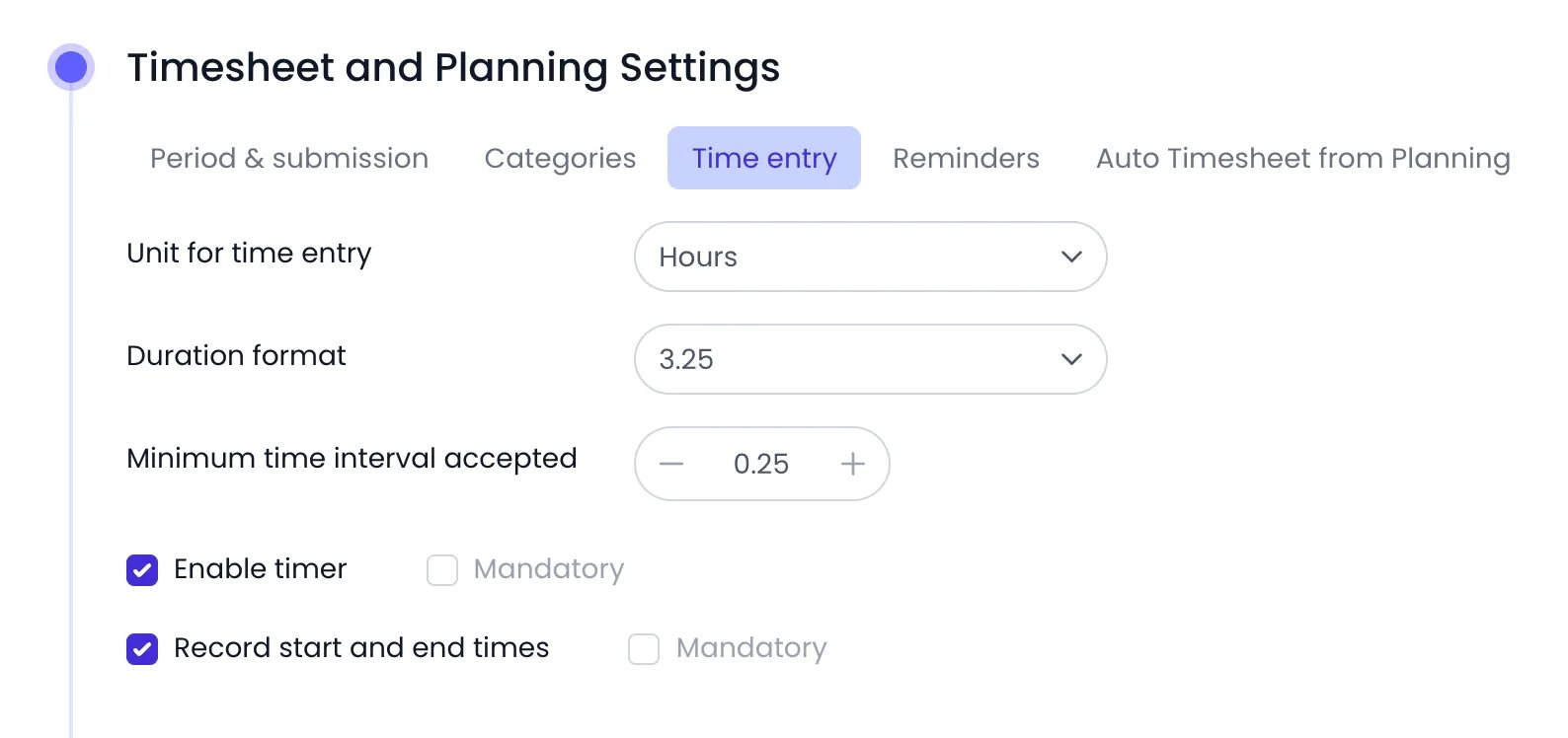 Beebole Timesheet and Planning Settings panel on the Time entry tab, showing Unit for time entry set to Hours, Duration format 3.25, Minimum time interval accepted 0.25, and Enable timer and Record start and end times checked, each with an unchecked Mandatory box