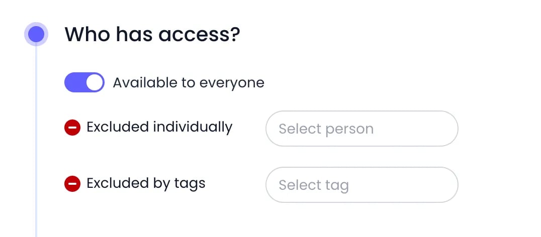Who has access? panel on the Acme Corp project with the Available to everyone toggle on, and the Excluded individually and Excluded by tags sections with their Select person and Select tag fields