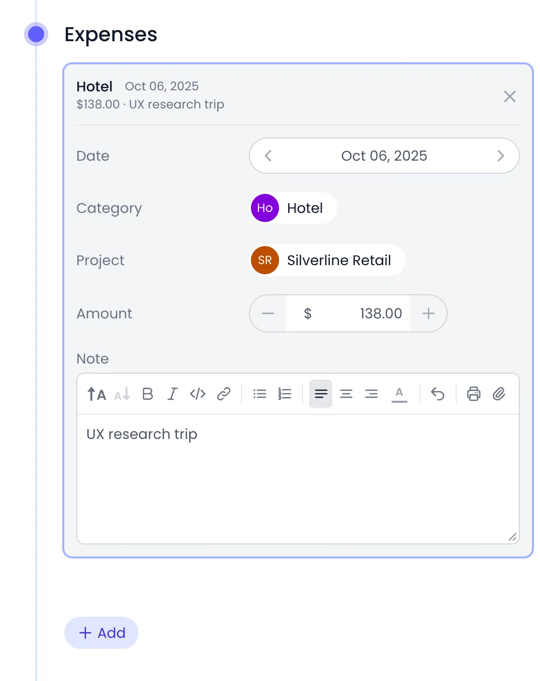 Expenses panel on Ana Pereira's profile with a Hotel record open: Date Oct 06, 2025, Category Hotel, Project Silverline Retail, Amount $138.00 and the note UX research trip, above the Add button