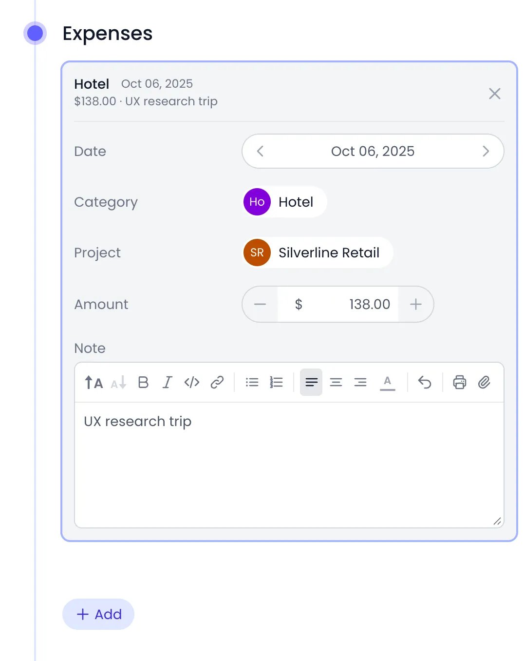 Expenses panel on Ana Pereira's profile with a Hotel record open: Date Oct 06, 2025, Category Hotel, Project Silverline Retail, Amount $138.00 and the note UX research trip, above the Add button
