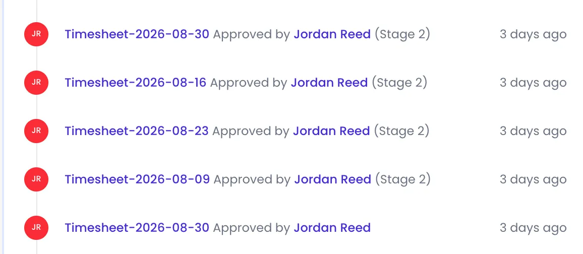 Beebole Journal feed of Ana Pereira listing approval events: Timesheet-2026-08-30, Timesheet-2026-08-16, Timesheet-2026-08-23 and Timesheet-2026-08-09 each Approved by Jordan Reed with Stage 2, and Timesheet-2026-08-30 Approved by Jordan Reed at the first stage