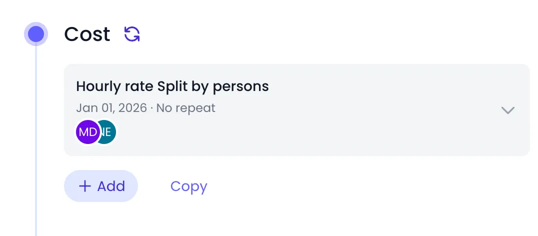 Beebole Cost panel of the Website Redesign project with a folded rate card reading Hourly rate Split by persons, from Jan 01, 2026 with No repeat, the badges of the two people the cost is split across, and the Add and Copy buttons