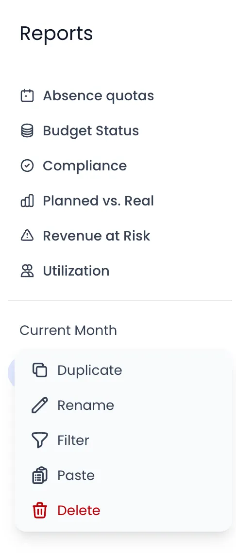 Beebole Reports menu with the action menu of the Current Month folder open, listing Duplicate, Rename, Filter, Paste and Delete, Paste being offered because a report was copied