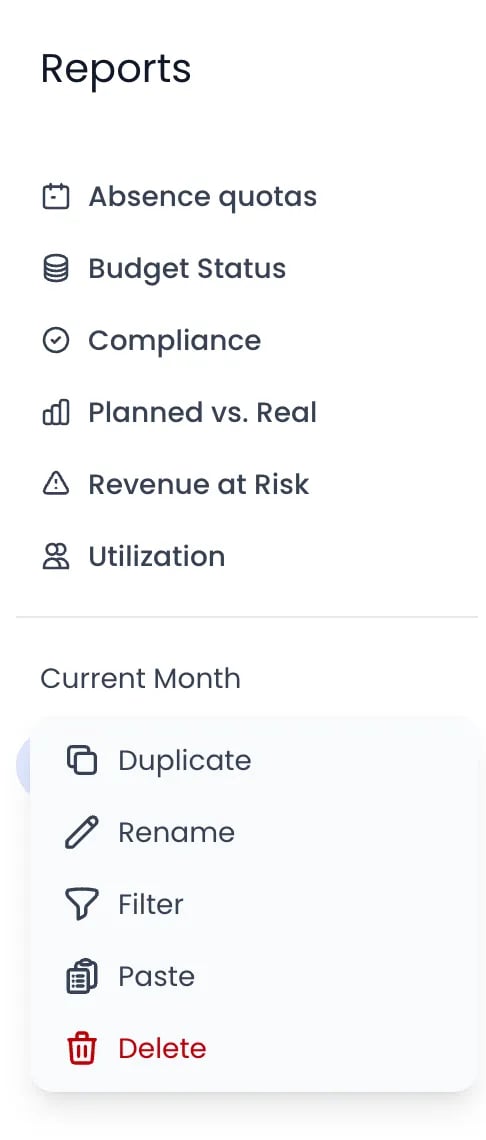 Beebole Reports menu with the action menu of the Current Month folder open, listing Duplicate, Rename, Filter, Paste and Delete, Paste being offered because a report was copied