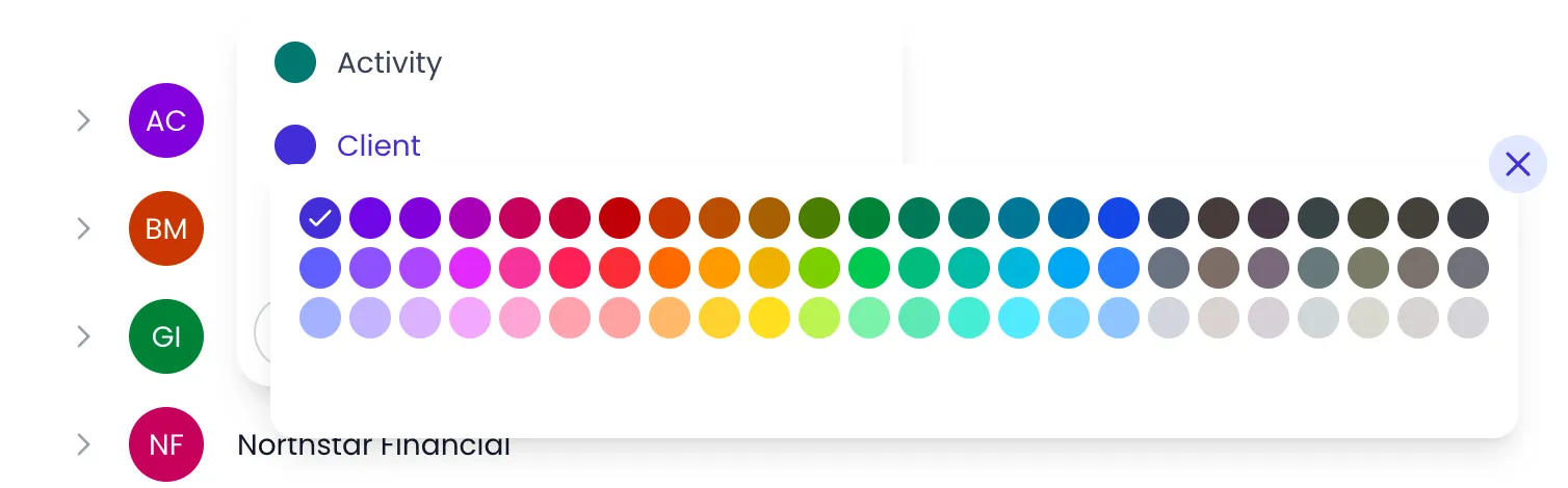 Beebole Projects category menu with the Activity and Client categories, each with its colored ball, and the palette opened from the Client ball with its current color checked and a close button